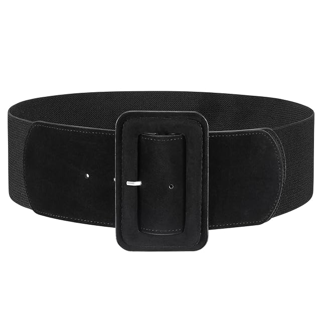 JASGOOD Women Wide Stretchy Belt for Dress Wide Suede Elastic Belt with Vintage Chunky Square Buckle