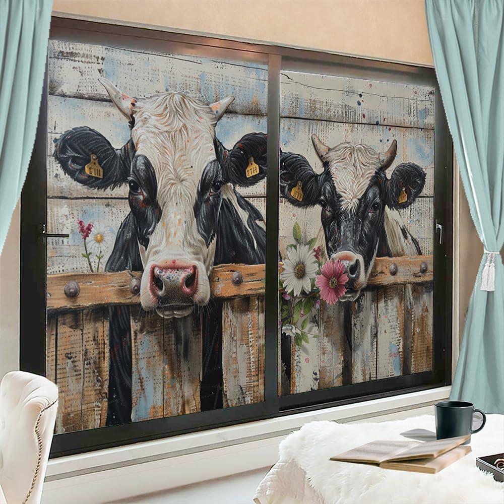 Abstract Cow Privacy Window Film, Rustic Farmhouse Nature Animal Decorative Frosted Self Adhesive Stained Glass Window Film for Bathroom & Room 17.7Wx23.6L-inch x2 Pcs