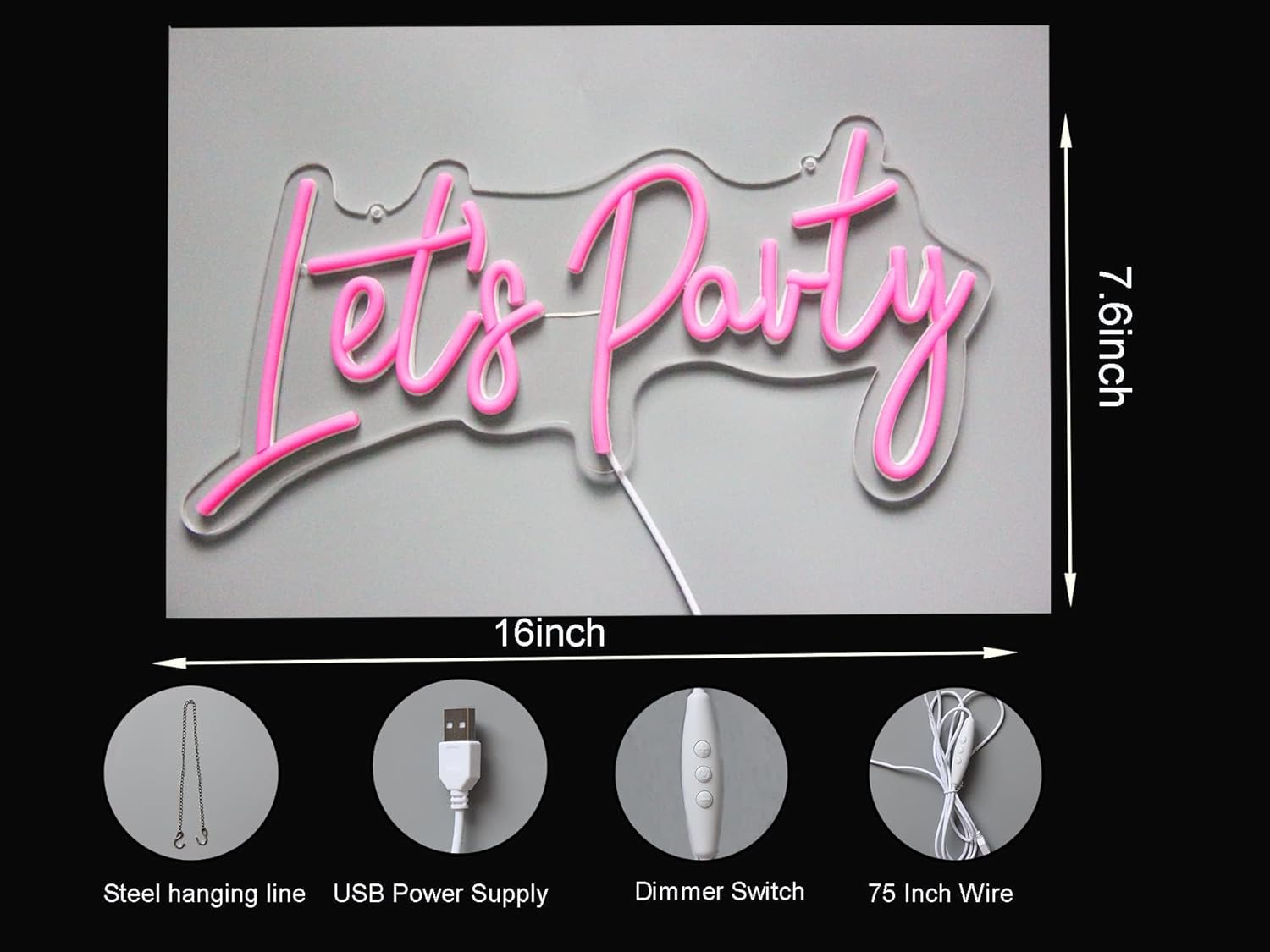 Lets Party Neon Sign Pink LED Neon Let's Party Light Signs for Wall Decor Bachelorette Party Wedding Engagement Birthday Party With Dimmabel Switch (16 * 7.6inches) 5V USB