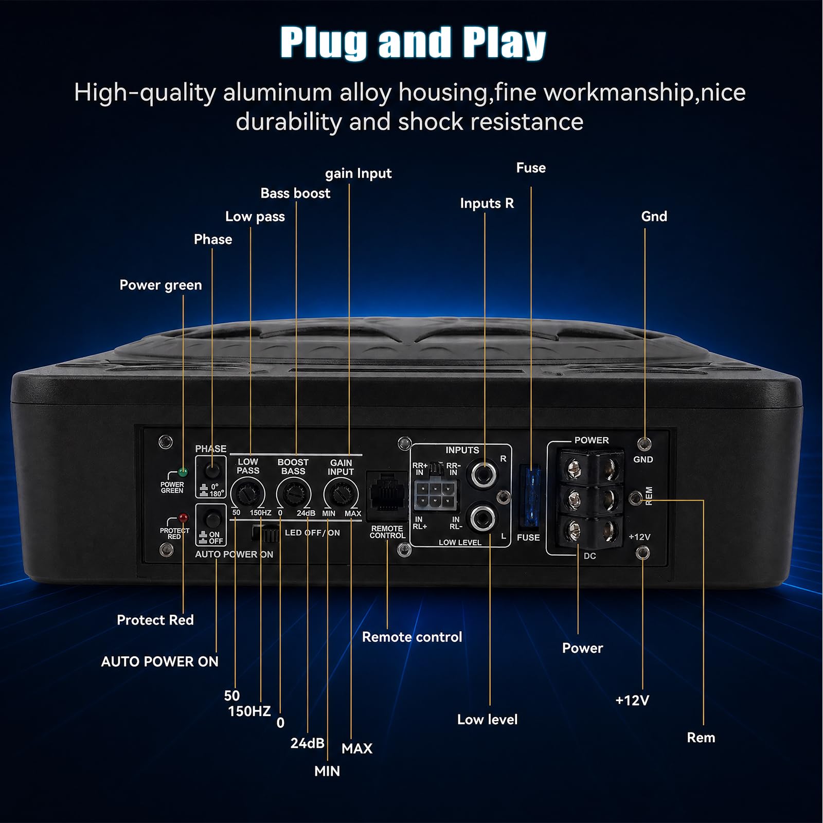 CAMECHO Aktiv-Subwoofer 1200W 70mm Ultraflach Untersitz-Subwoofer für Auto mit Stromversorgung: Aktiver Subwoofer mit integriertem Verstärker, Hoch-/Niedrigpegel-Eingang und Lautstärkeregler für SUVs