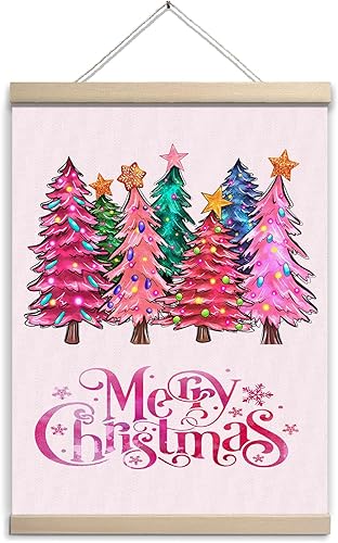 Decoración de pared rosa de Navidad para colgar en la pared, impresiones artísticas de árboles de Navidad vintage, pósteres rosas de Navidad,