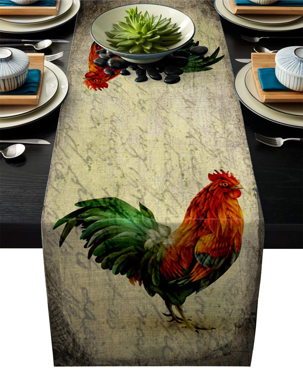 Farmhouse Rooster Table Runner Dresser Scarves,Linen Burlap Table Runners Cloth for Dinner Holiday Party, Kitchen Decor Re...