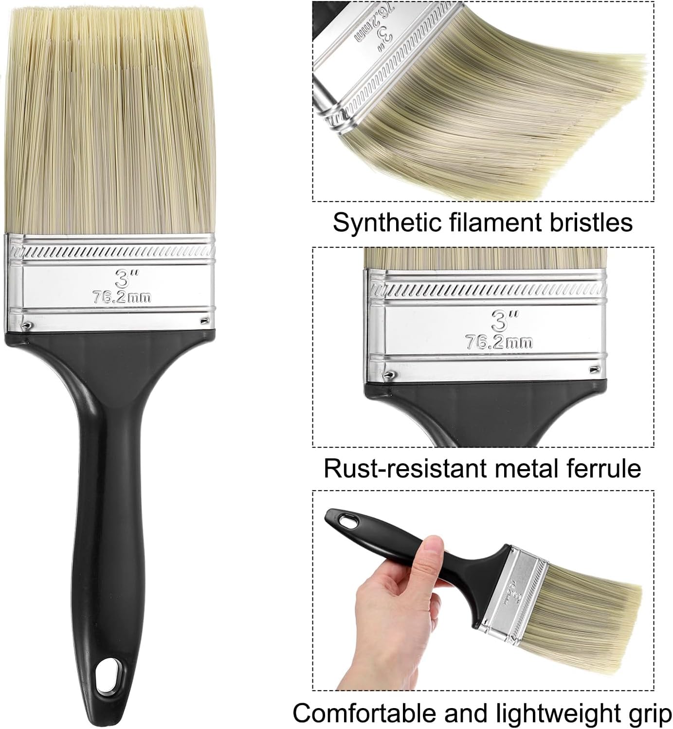 HARFINGTON 16pcs Flat Paint Brush 3" Reusable Plastic Grip Metal Ferrule Synthetic Bristle Paintbrushes for Wall Cabinet Decks Fences Interior Exterior Painting