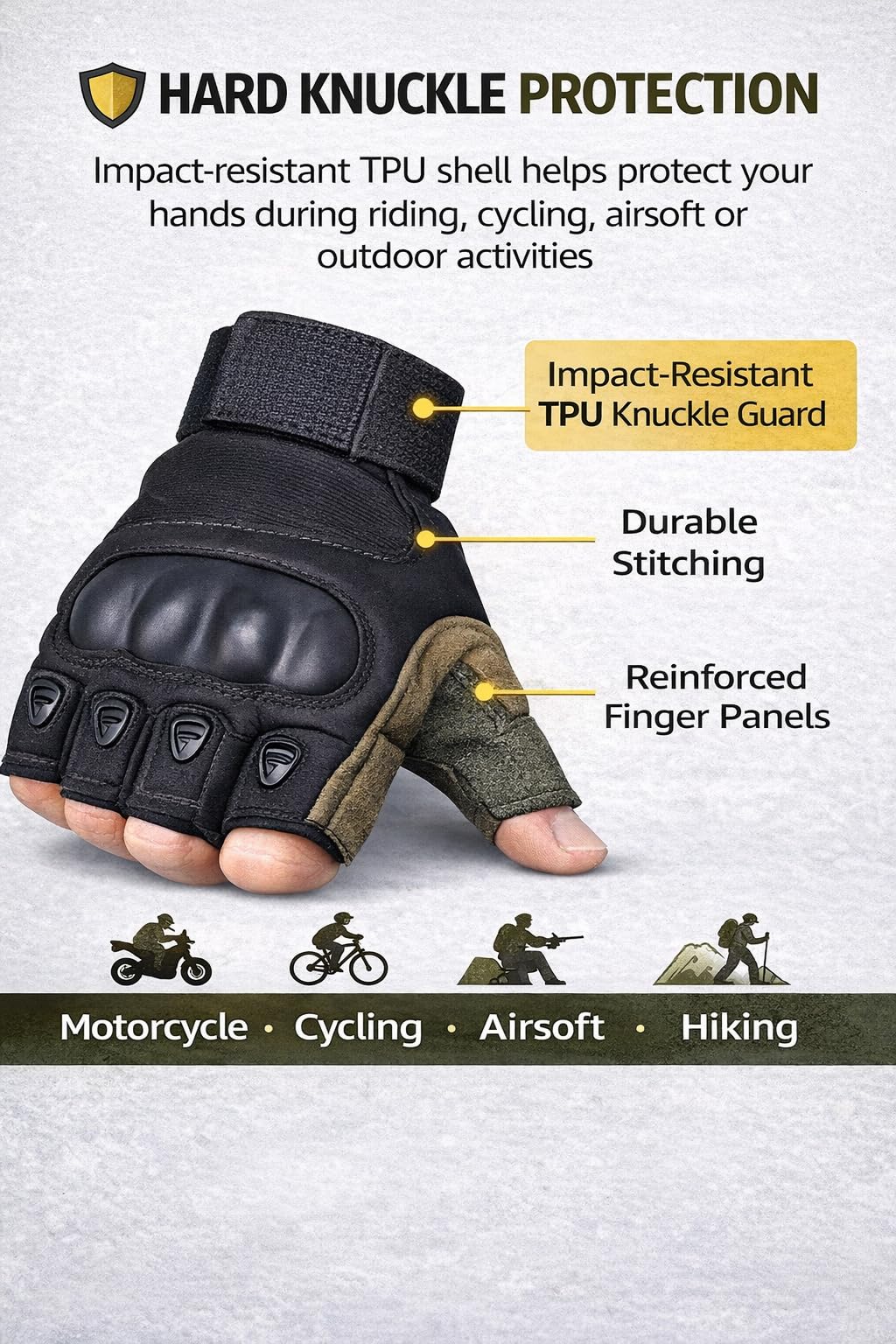 A.C.I.L. Gants de Protection sans Doigts Coque TPU Anti-Dérapants Moto Cyclisme Airsoft Randonnée