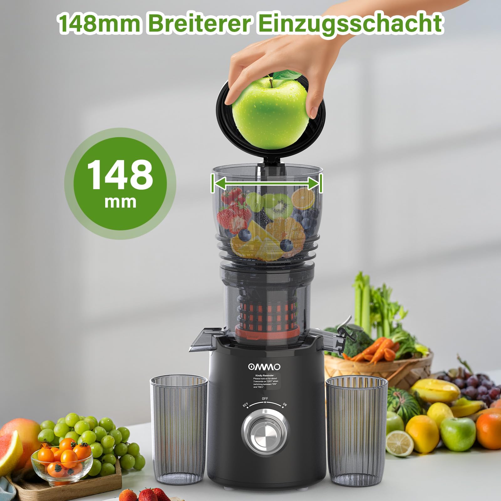 OMMO Extracteur de Jus 300W, Goulotte 148 mm, Machine à Jus électrique, 2 Tasses PC, Sans BPA, Noir