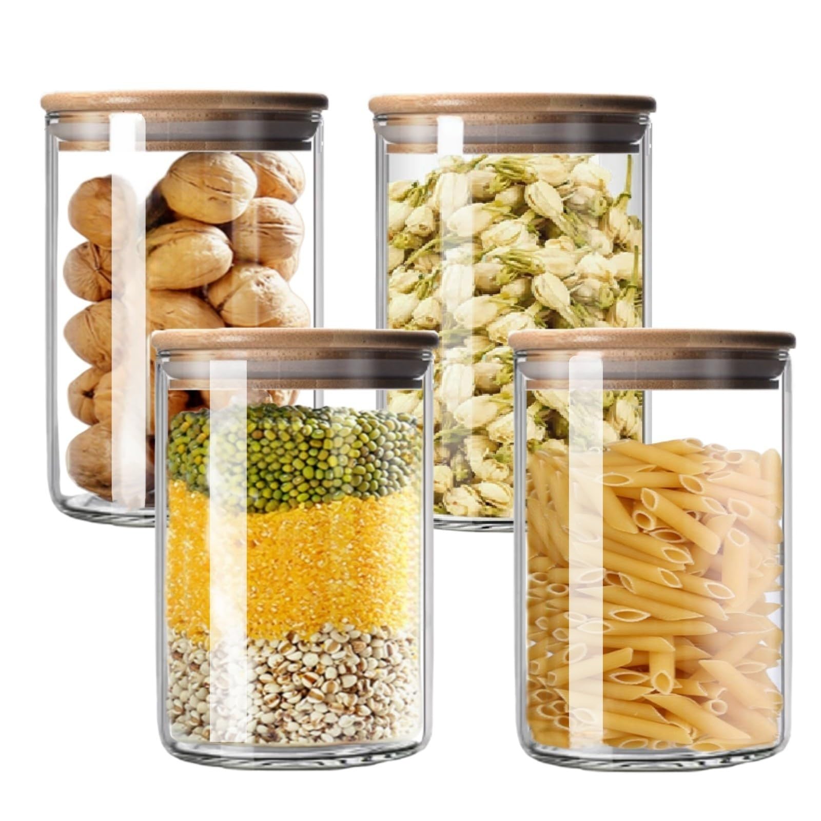 MEETOZ 1000ml Set of 4 Glass Jars with Bamboo Lids,High Borosilicate Glass Transparent Airtight Food Storage Tank,Large Capacity Kitchen Food Containers for Spices,Coffee Beans,Oatmeal — image 1