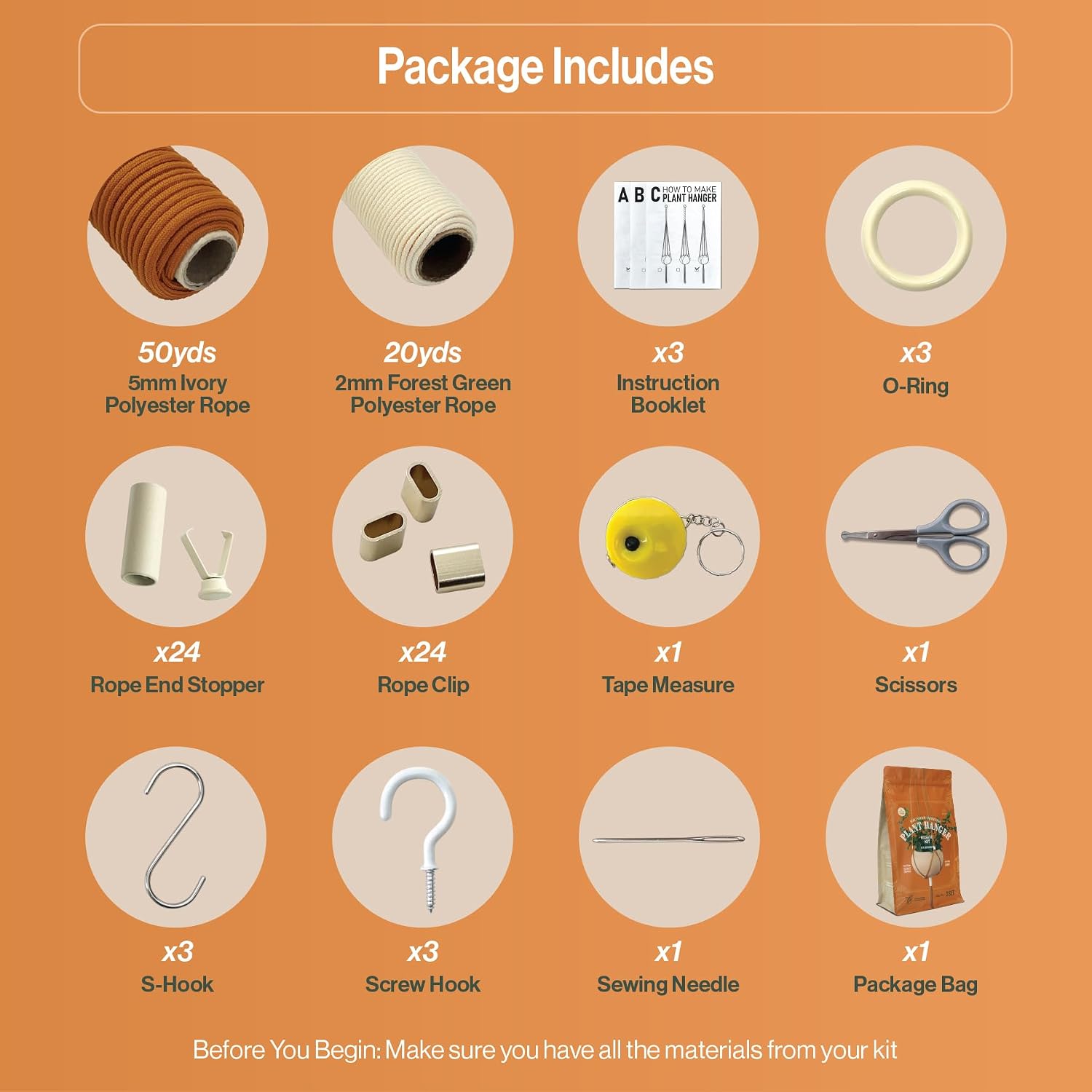 Macrame Kits for Beginners, 3 Set of Plant Hangers DIY Kit: Braided Polyester Ropes 50yds*5mm Burnt Orange, 20yds*2mm Ivory, 60+Pcs Supplies with Step-by-Step Easy Instructions (ORIV)