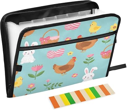 Expanding File Folder Easter Bunny Chick Chicken File Folder Organizer 13 Pockets Accordion File Folder Labels Zipper Closure A4 Letter Size for Document Office