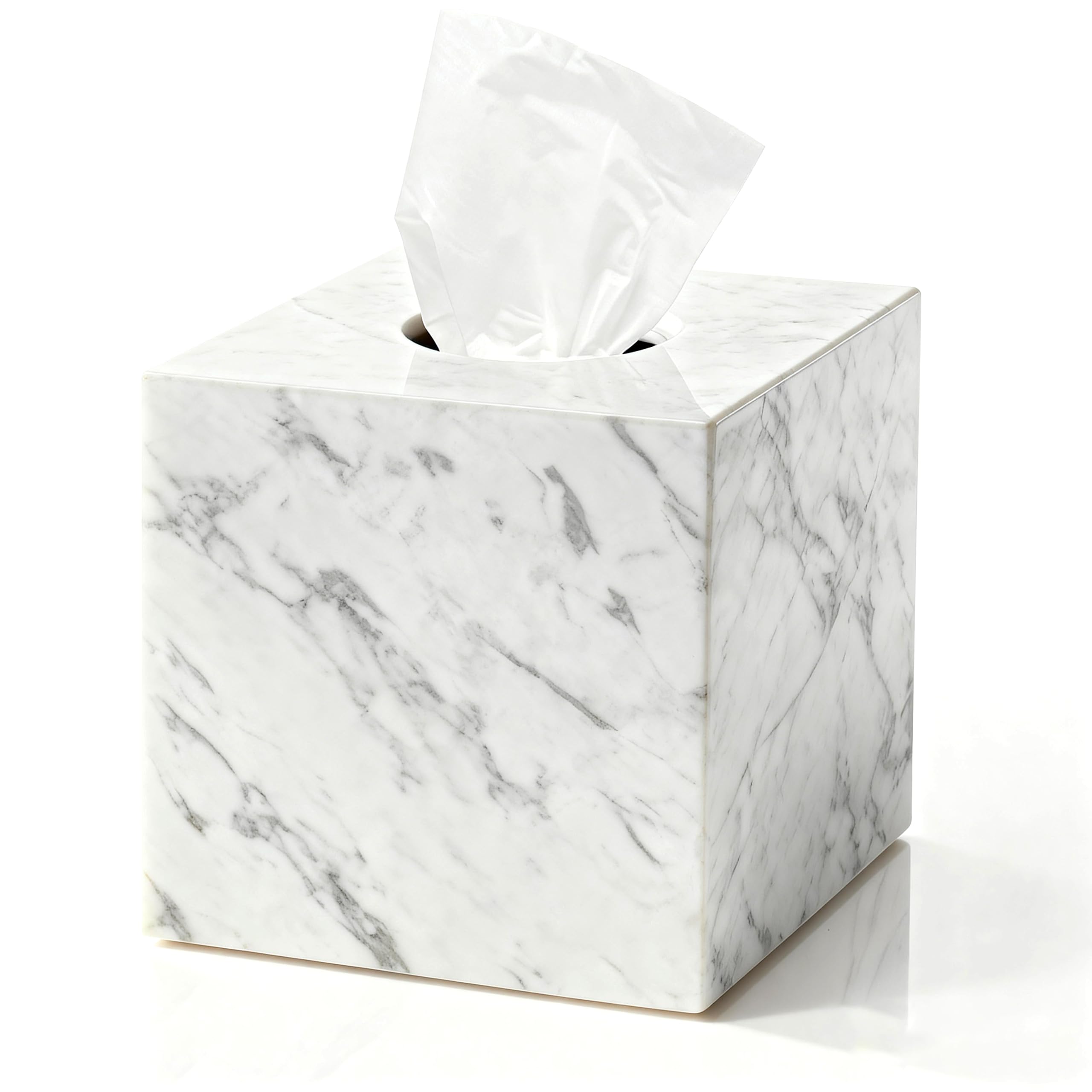 Natural Marble Tissue Box Holder Cover, Square Cube Tissue Box Holder with Open Bottom for Bathroom Vanity Tops, Bedroom Dressers, Kitchen Countertop, White Tissue Box(NS021)