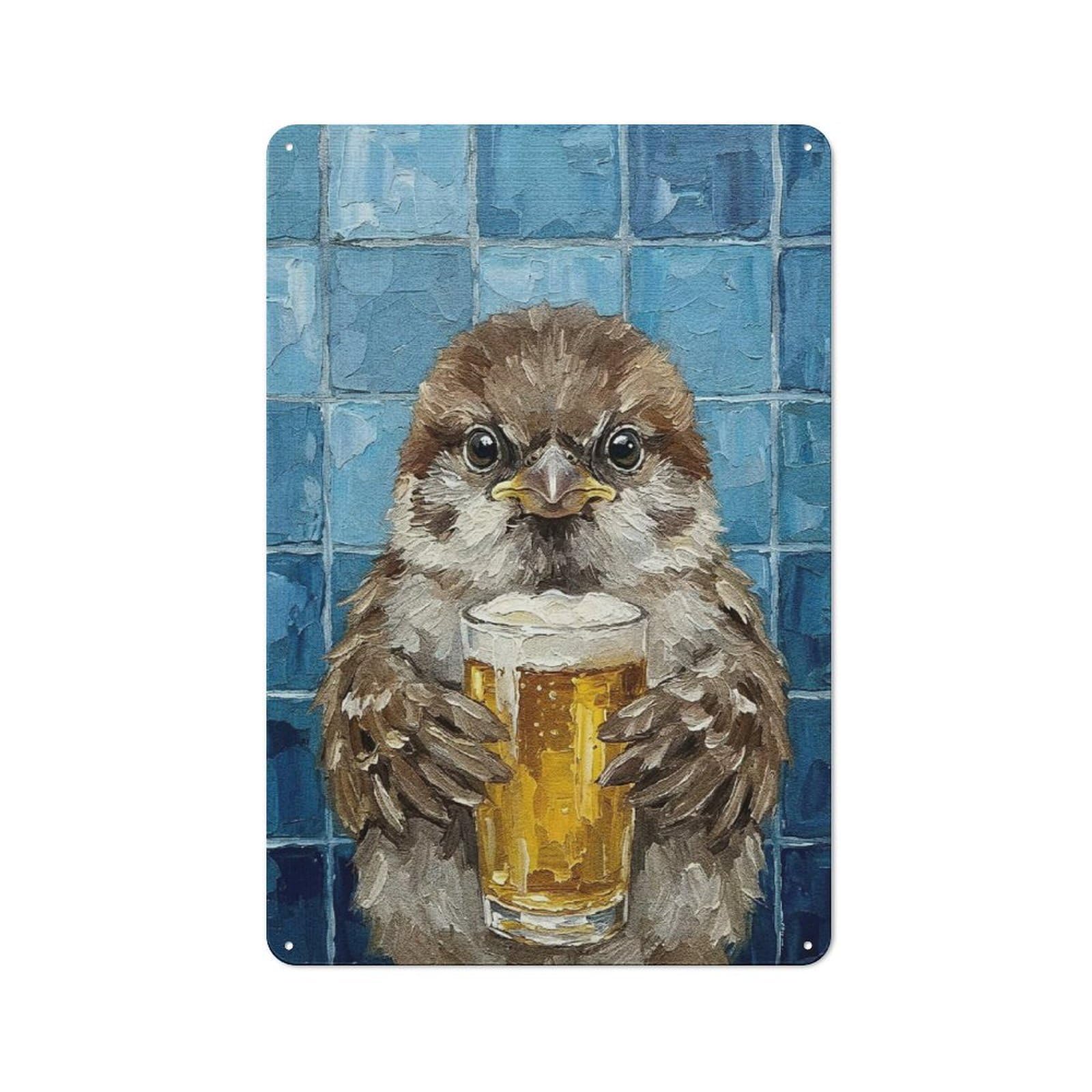 Junmoney Style-9 Sparrow With Beer Painting Decorative Tin Sign 30X20cm, Country Country Wall Plaque For Dining Room, Cafe, Entryway Or Family Room