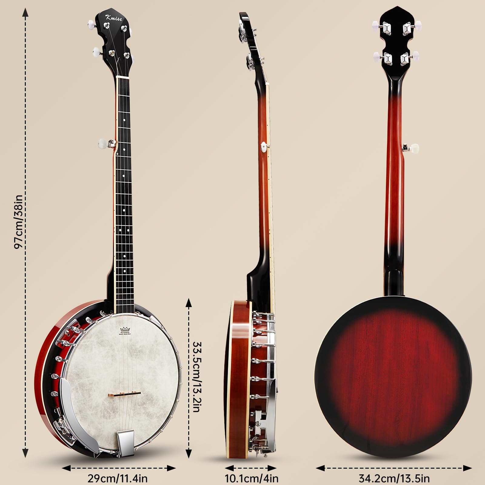 Kmise Banjo, 5 String Banjos with Remo Head Full Size 38 Inch Closed Back with Removable Resonator, Strings Pack, Finger Picks, Strap, Case, Tuner Set Accessories for Starter Adults Beginner Gift - Image 7