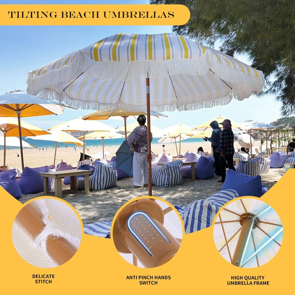 200 cm Parasol Ogrodowy z Frędzlami, Przenośny Parasol Plażowy w Paski Boho z Pochyleniem i Regulowanym Stalowym Słupkiem
