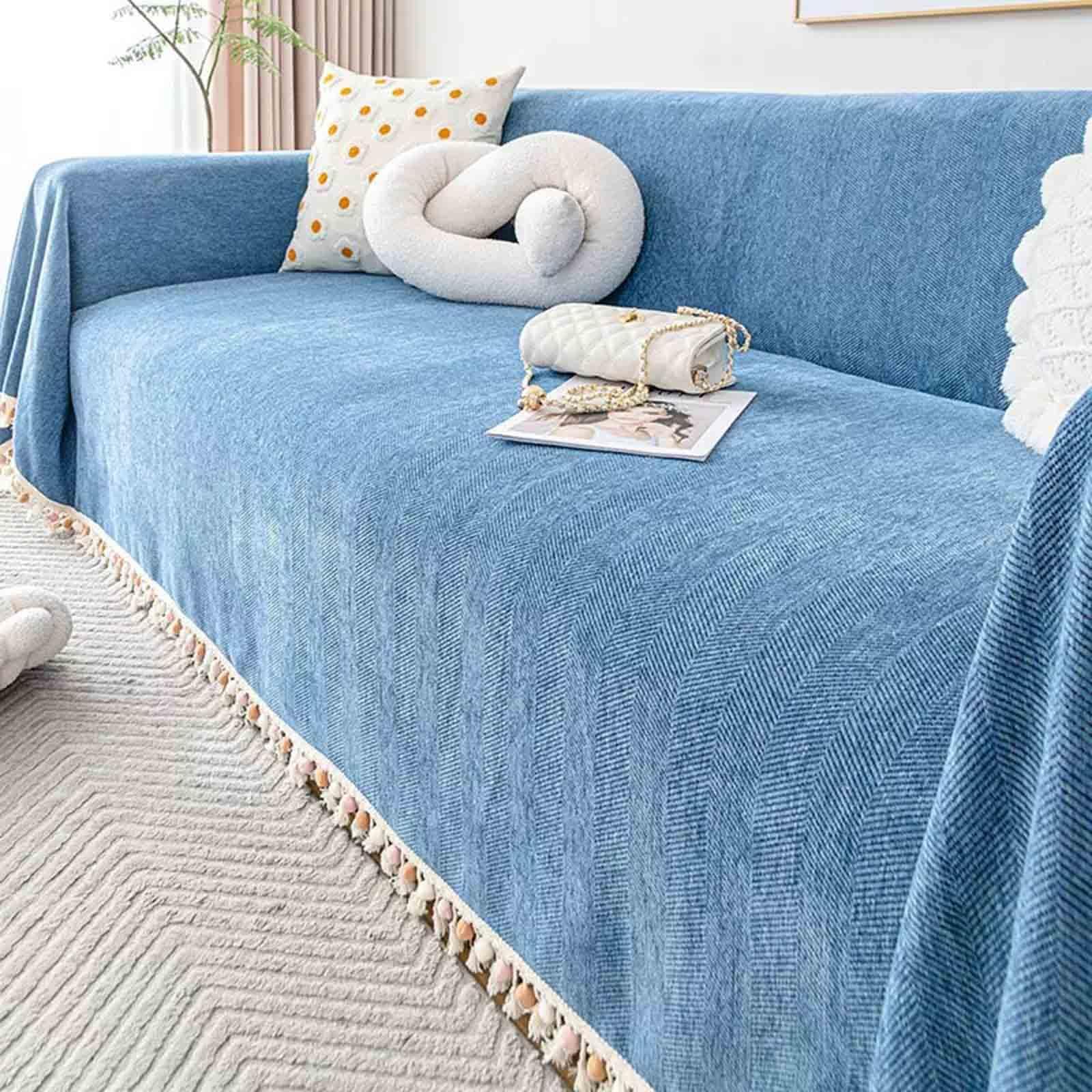 Racib Blue Chenille Extra Large Throws For 3-4 Seater Sofas, Settees, Couch, Armchair, Bed - Non Slip - 180×180Cm