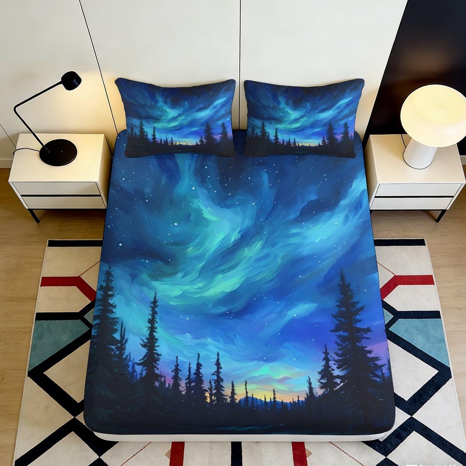 Dhbaneiok Style-3 3D Printed Aurora Borealis Fitted Sheet Microfiber Blue Forest Mattress Cover For Bedroom Guest Room Decor Easy Care 90X200x25cm
