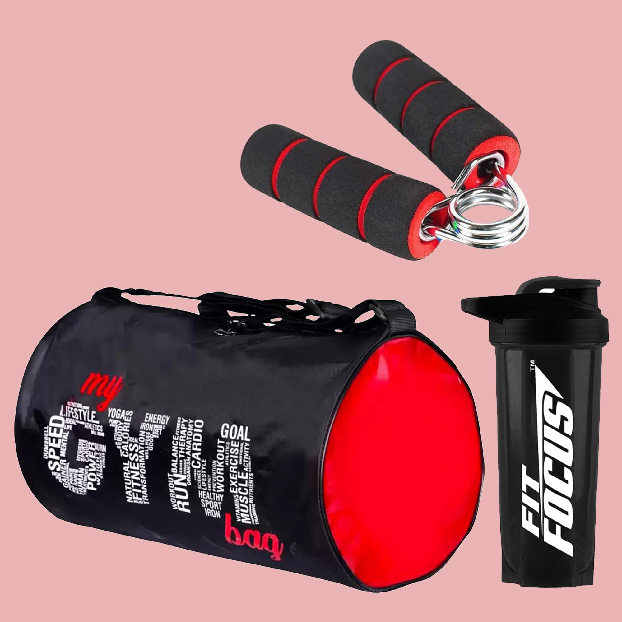 Ultimate Fitness Kit –My Gym Bag with Protein Shaker & Mini Hand Gripper (Red)
