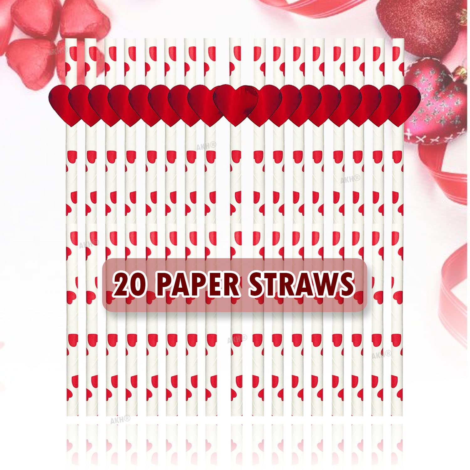 AKH® Heart Print Paper Straws, Red and White, 20cm - Image 3