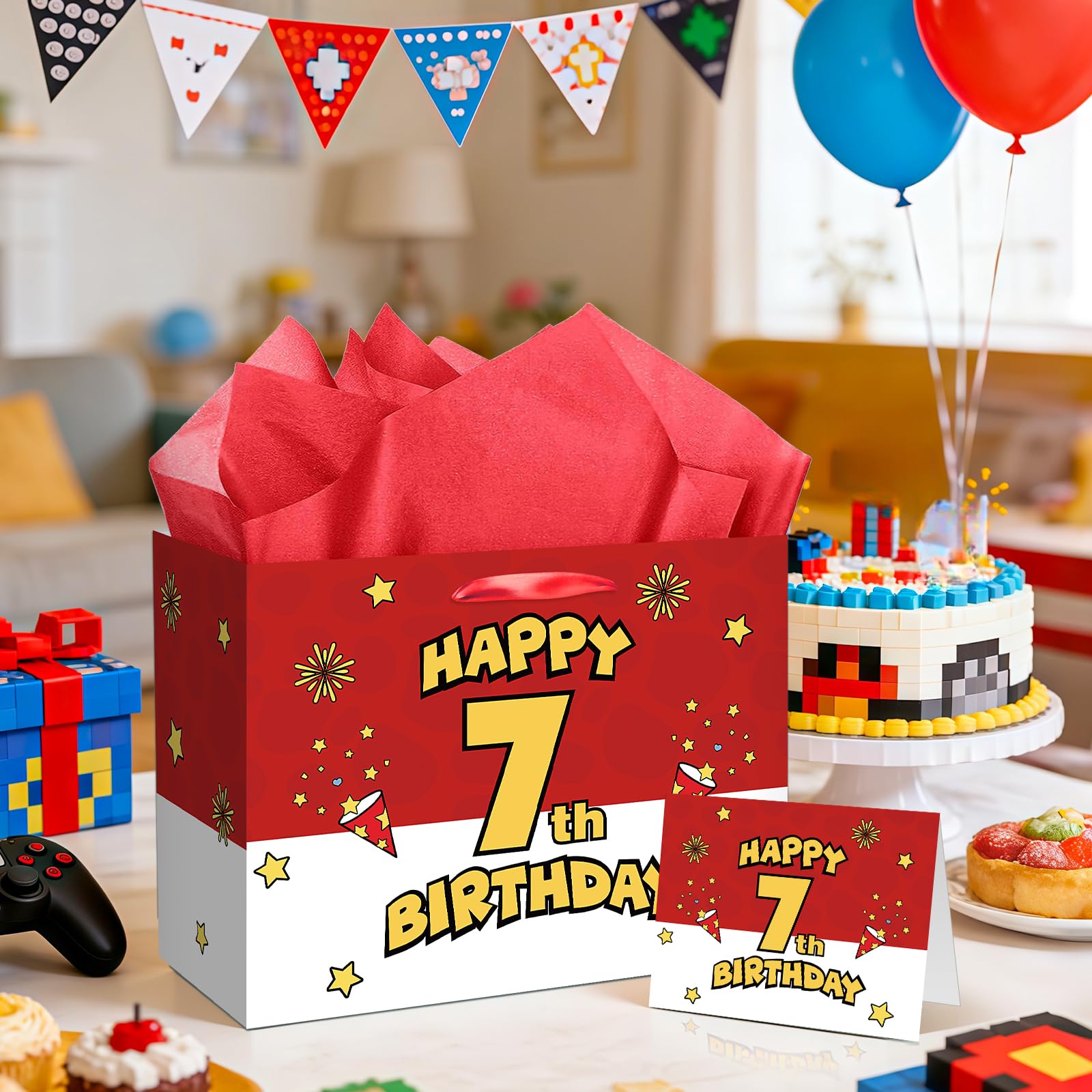 7th Birthday Gift Bag for Boys Red and White Comic Style Wrapping Paper Bag with 3 Sheets Tissue Paper Greeting Card for 7 Year Old Kids Birthday Party Decorations Gamer Themed Party Supplies