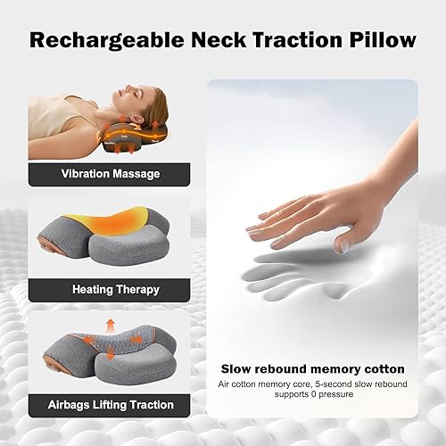 Miniatura 2 de Almohada masajeadora de cuello recargable 3 en 1 para aliviar el dolor de tejido profundo con calor, masajeador de tracción, vibración, corrector de