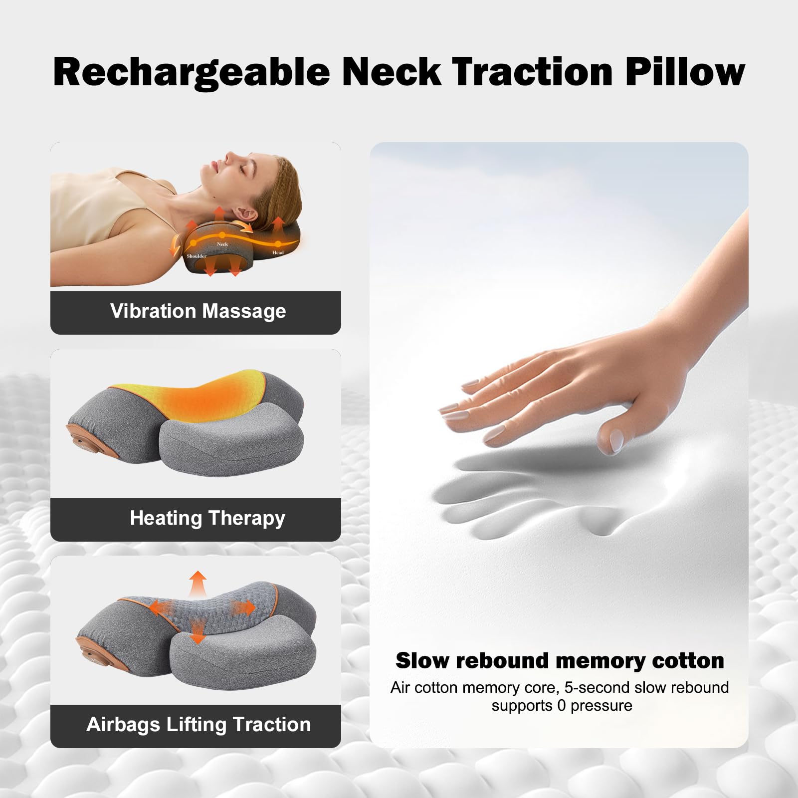 3-in-1 Rechargeable Neck Massager Pillow with Heat, Vibration, Traction Massager for Neck Pain and Hump Relief, Gifts for Men Women Home Office Travel - 3