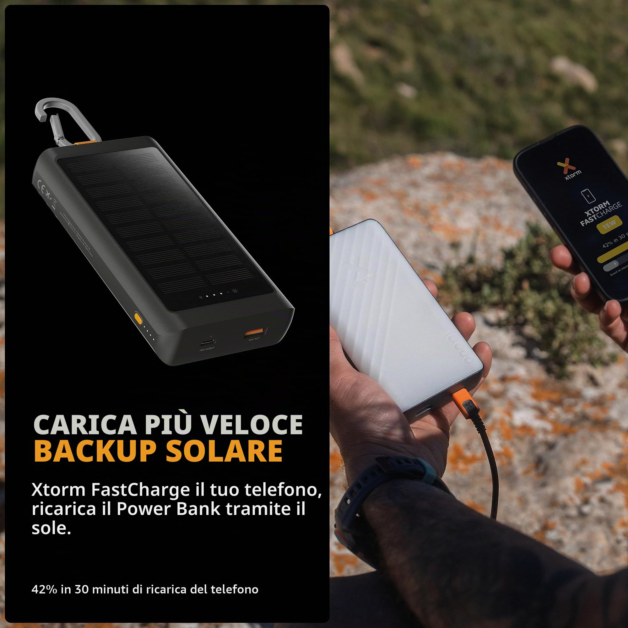 Xtorm Go2 Solar power bank 10.000mAh 15W con moschettone e torcia | Ideale per uso outdoor, trekking, campeggio, porta USB-C e USB-A, pannello solare integrato, cavo USB-C incluso
