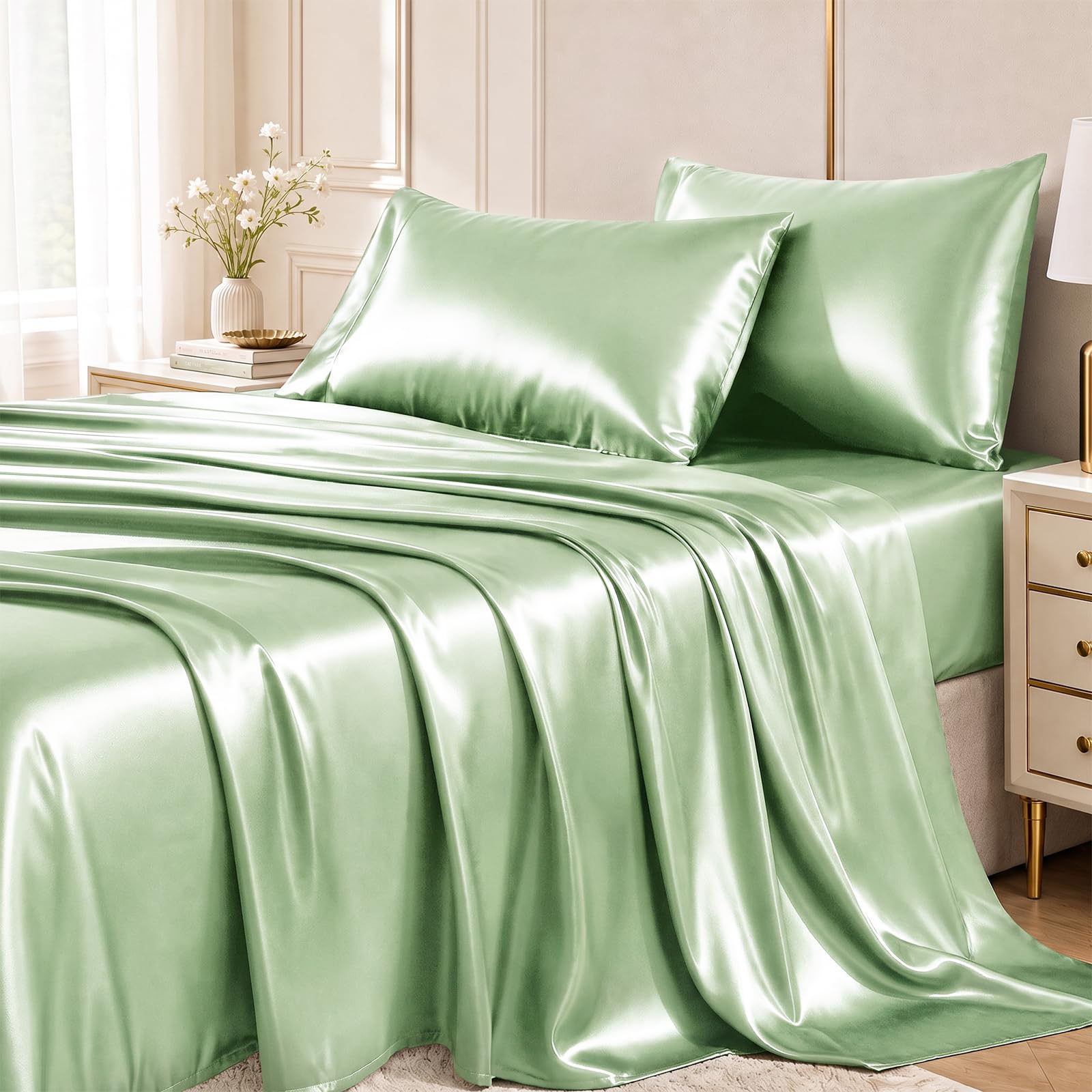 CozyLux Satin Sheets Full, 4-Piece 14-Inch Deep Pocket Sheet Set