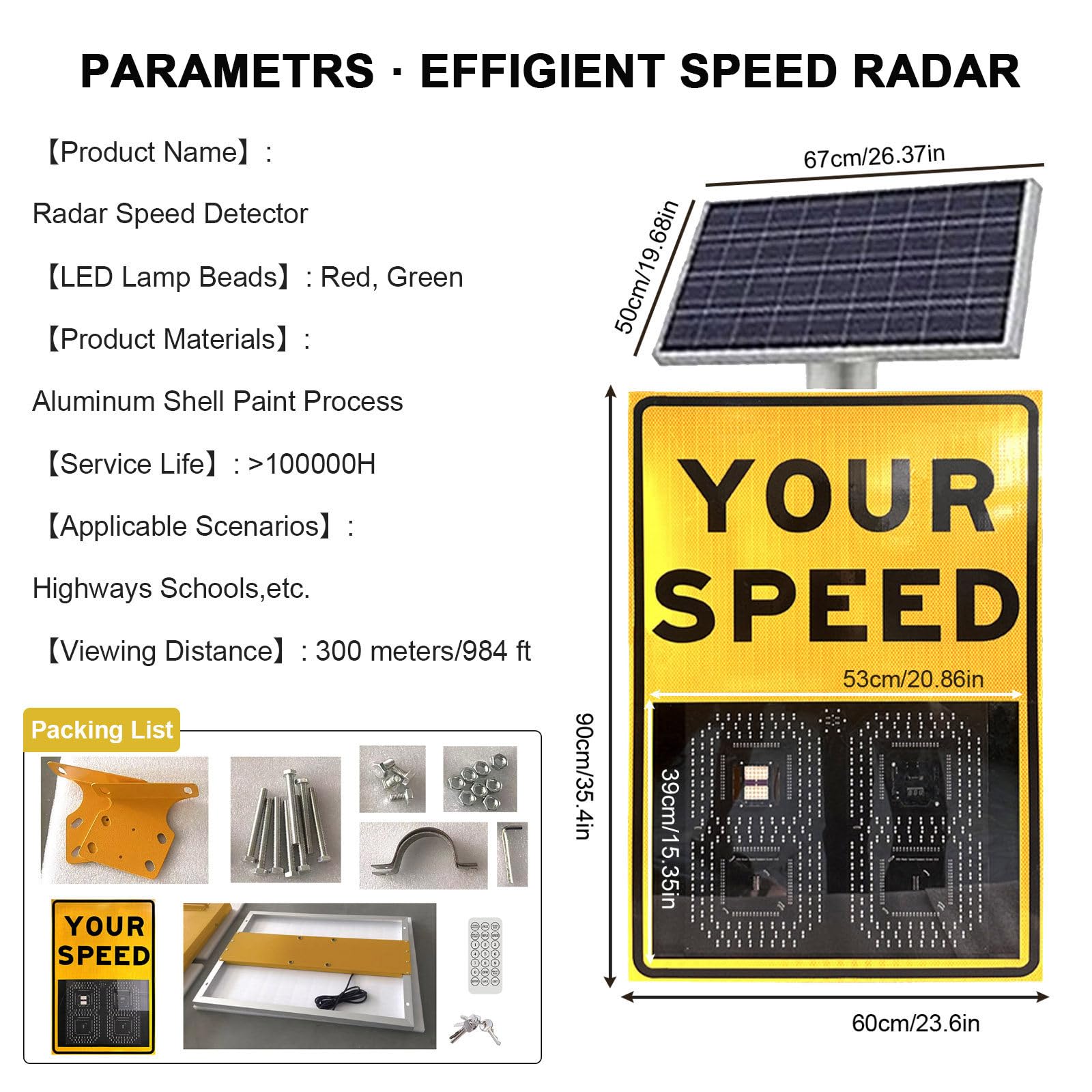 Señal de Velocidad de Radar alimentada por energía Solar de bajo Mantenimiento y Detector Digital de Radar de tráfico con Control Remoto, con señales LED Aluminio IP65 duraderas Yellow