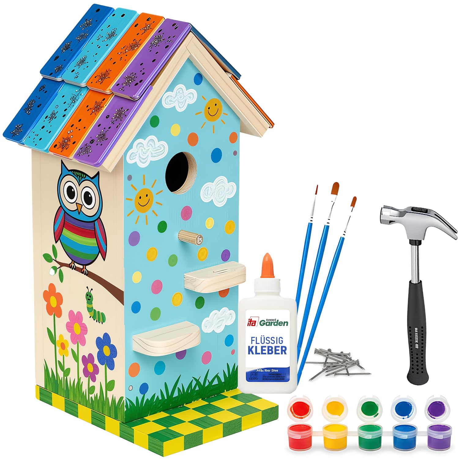 ITA DIY Nistkasten zum Zusammenbauen und Bemalen Skyhaven - Vogelhaus Komplett Bausatz mit Hammer, Nägeln, Farben zum Bauen und Malen für Kinder - Bastelset für Jungen & Mädchen - Vogelhäuschen