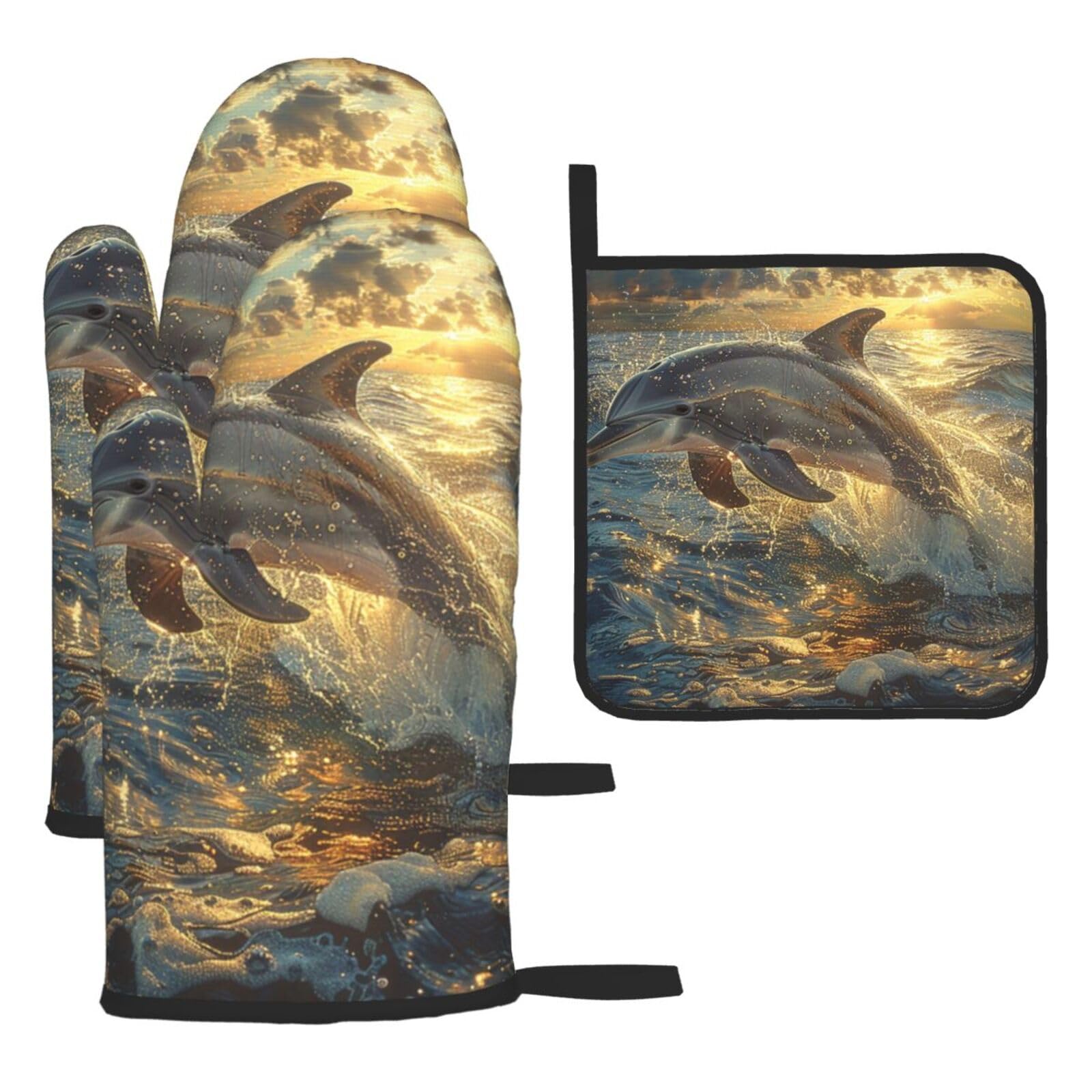 Oven Mitts and Pot Holders Set of 3 Heat Resistant Non-Slip Kitchen Gloves Hot Pads Dolphin in The Ocean Mittens Gloves Non-Slip Potholders for Cooking Baking Grilling BBQ
