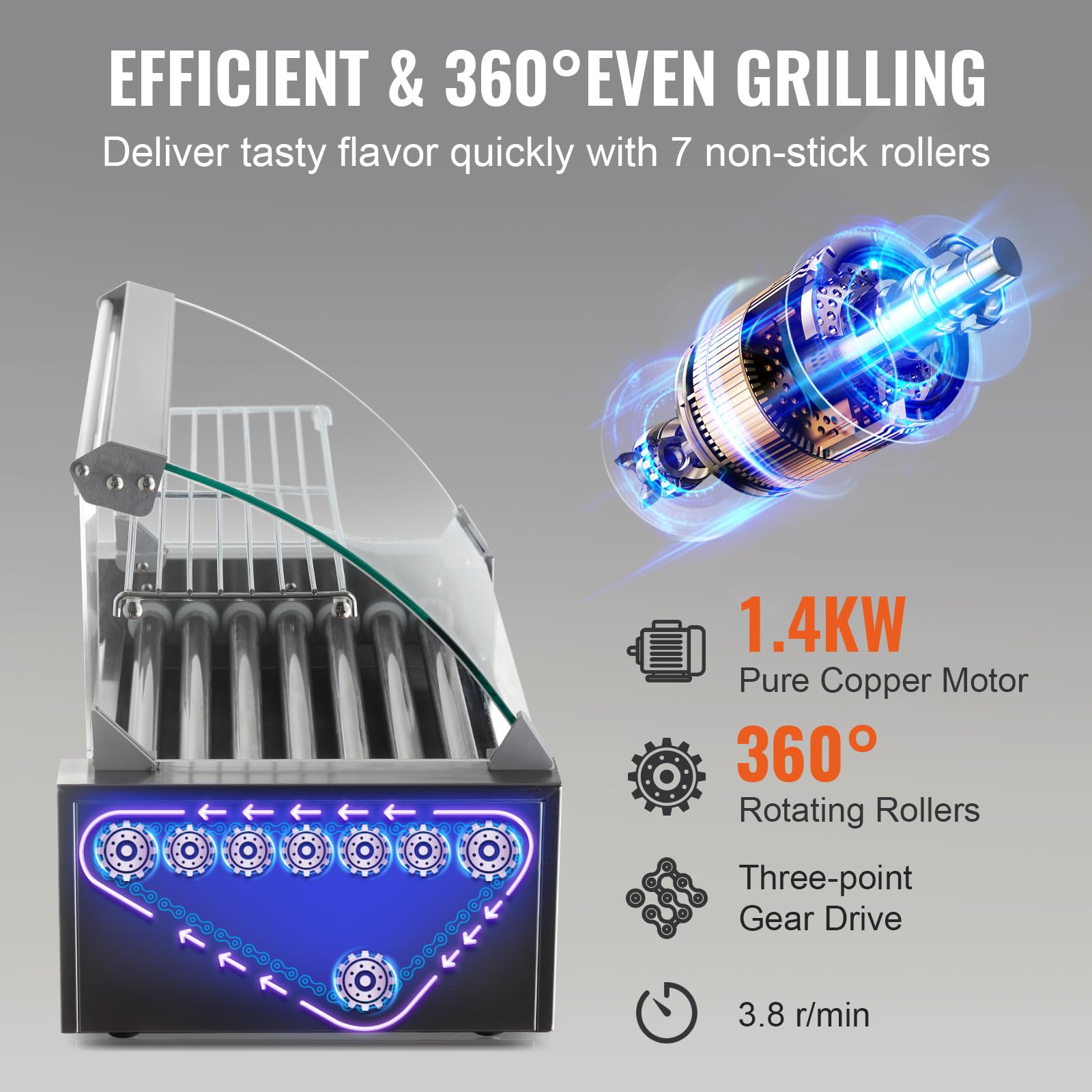 VEVOR Rullo per Hot Dog, 7 Rulli, Macchina Grigliare Salsicce in Acciaio Inossidabile con Doppio Controllo della Temperatura, 18 Hot Dog, 1,4KW con Coperchio, Ripiano Riscaldante per Panini Hot Dog