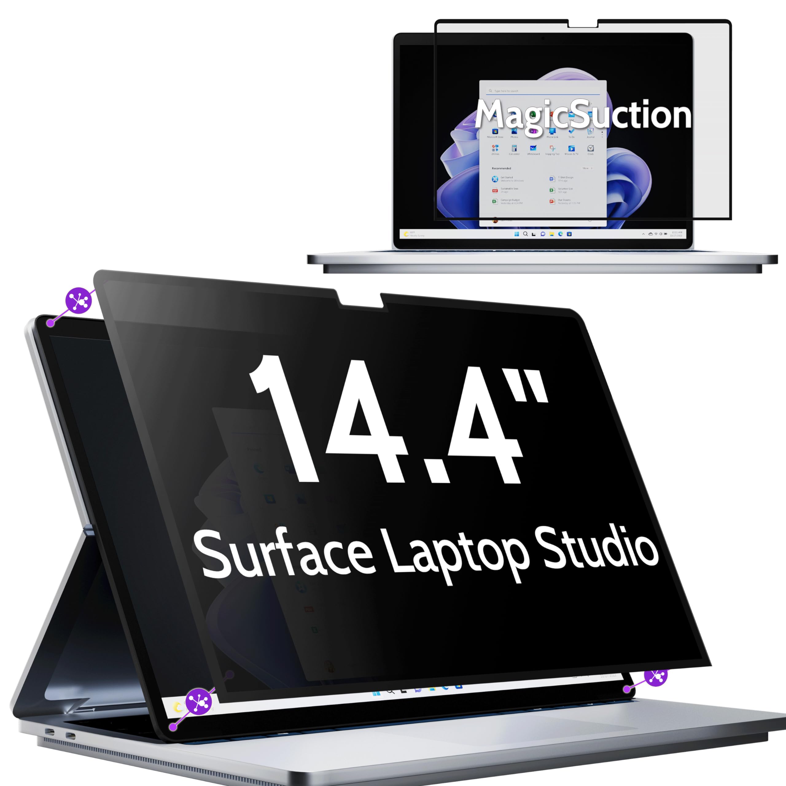Peslv Privacy Screen for 14.4 Inch Surface Laptop Studio 2/1, MagicSuction™ Removable Anti Spy Black Protector, Glare Blue Light Filter for Microsoft Laptop Computer Monitor