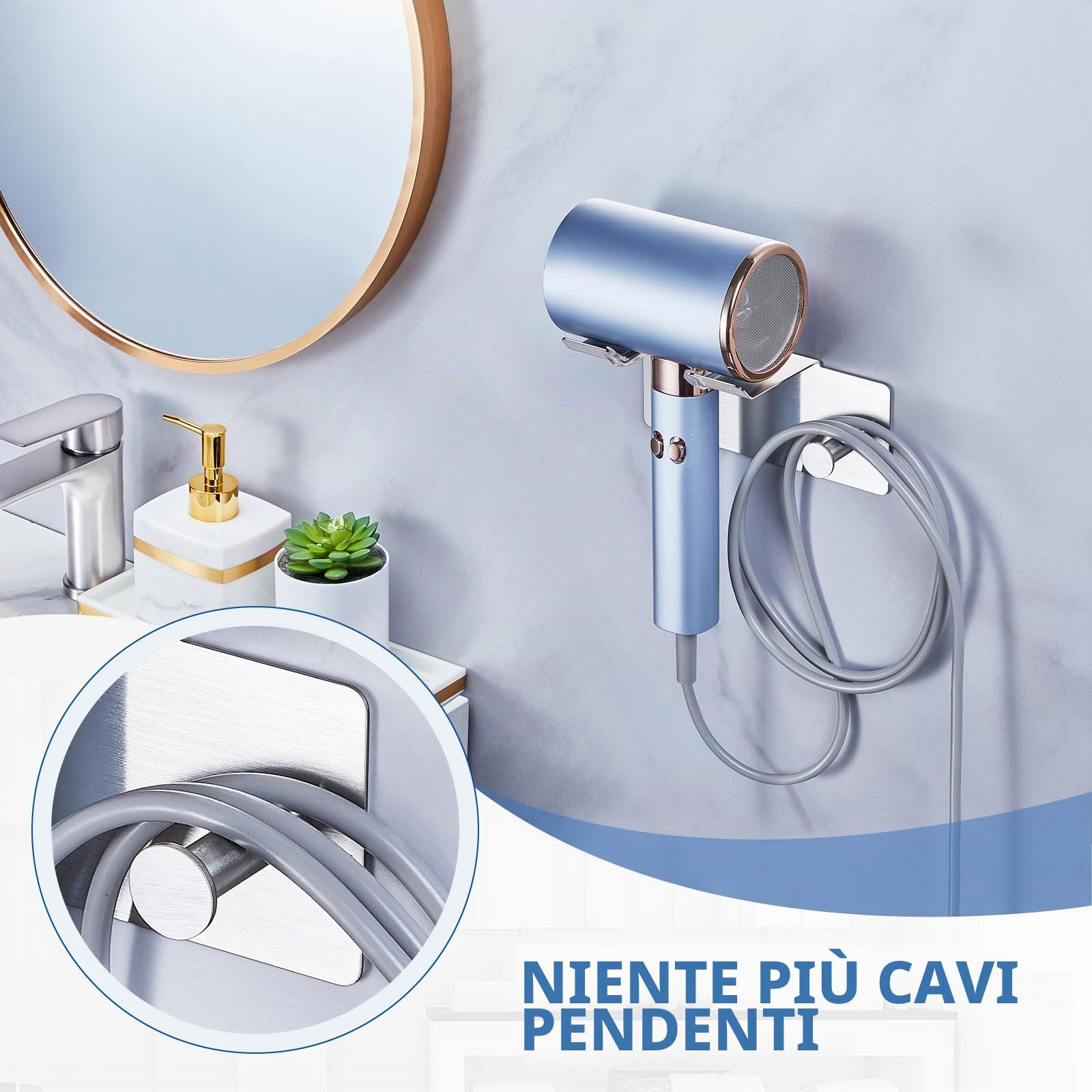 Porta Asciugacapelli da Parete, Porta Phon da Muro Supporto Phon da Parete Metallo,Supporto Adesivo per Asciugacapelli da Appendere per Armadietto Bagno Camera da Letto Barbieri (Argento)