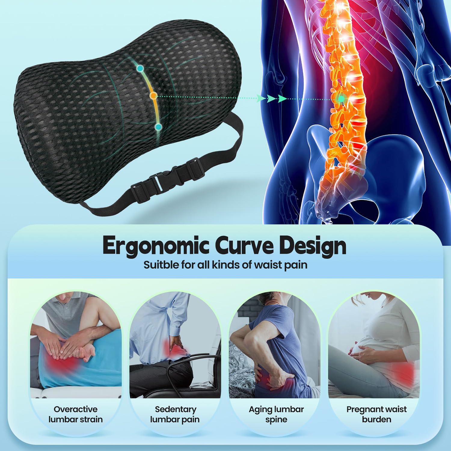 VBXBKC Lendenkissen Memory Foam - Ergonomische Rückenstütze Für Bürostuhl Und Auto