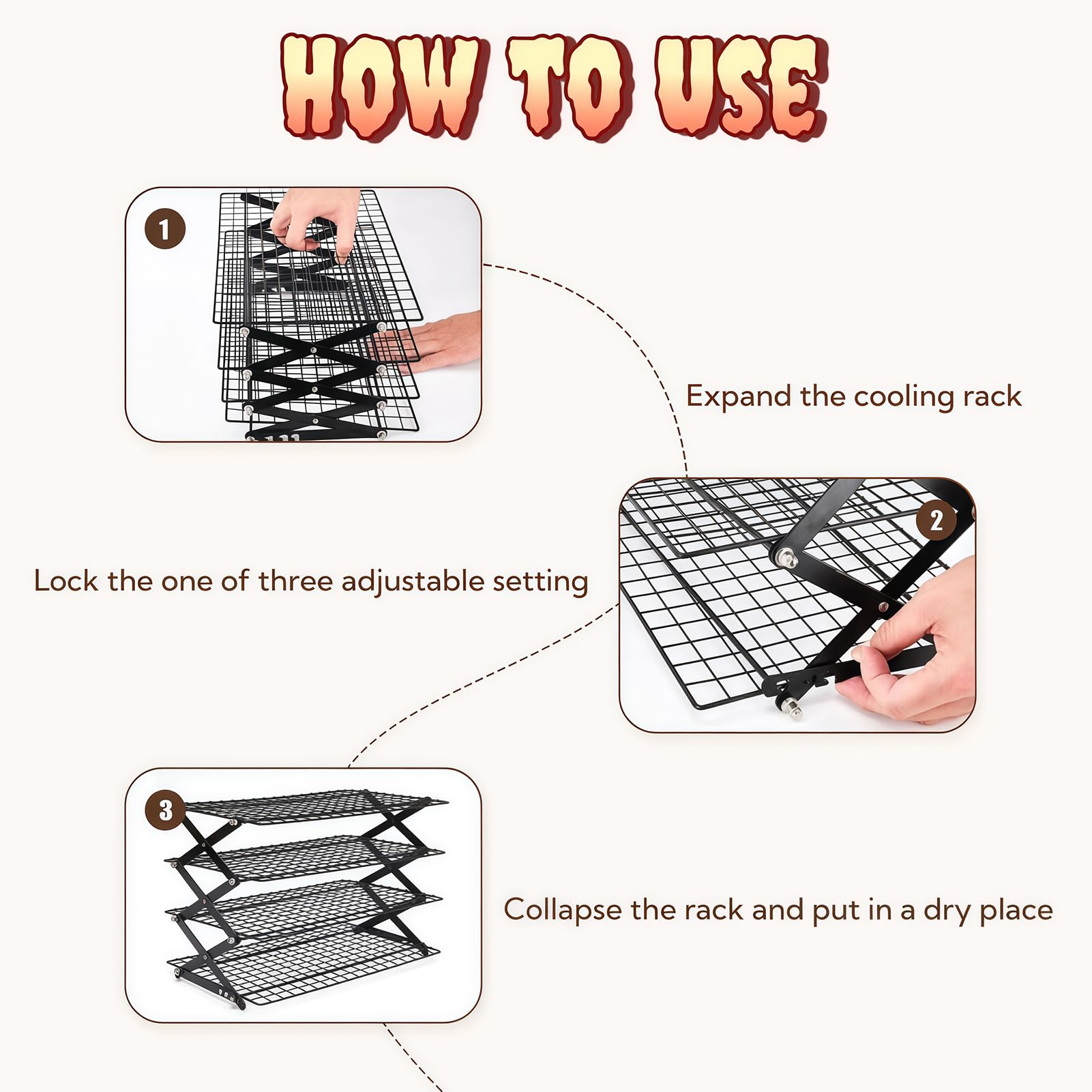 Grille de refroidissement pliable avec design empilable réglable pour la cuisson, le rôti, le séchage et l'utilisation en extérieur