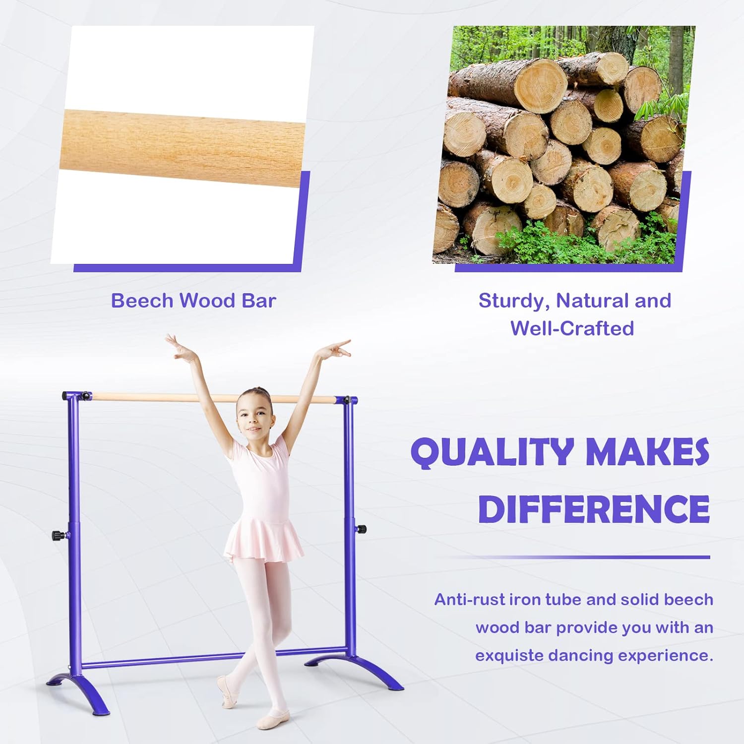GOFLAME Ballet Barre Portable, 51” Freestanding Dancing Bar with 4-Position Adjustable Height for Kids & Adults, Fitness Stretching Bar with Foot Pads for Home, Gym, Dance Room, Easy Assembly