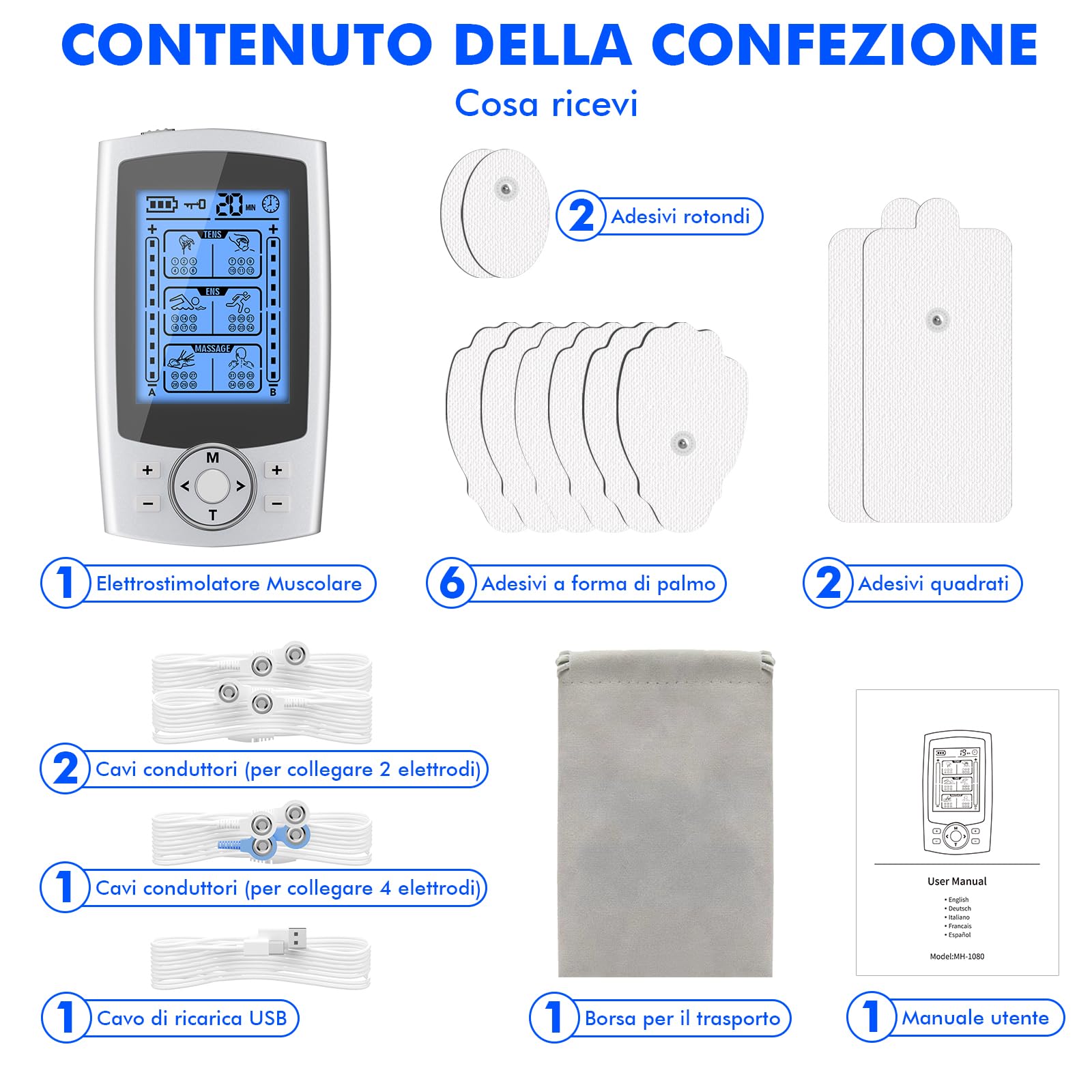 TENS EMS Elettrostimolatore Muscolare, 3 in 1 per Alleviare Il Dolore e Costruire Muscoli, Funzione Massaggio, con 2 Canali e 36 modalità, 20 Livelli di Intensità, 10 Pezzi di Elettrodi TENS