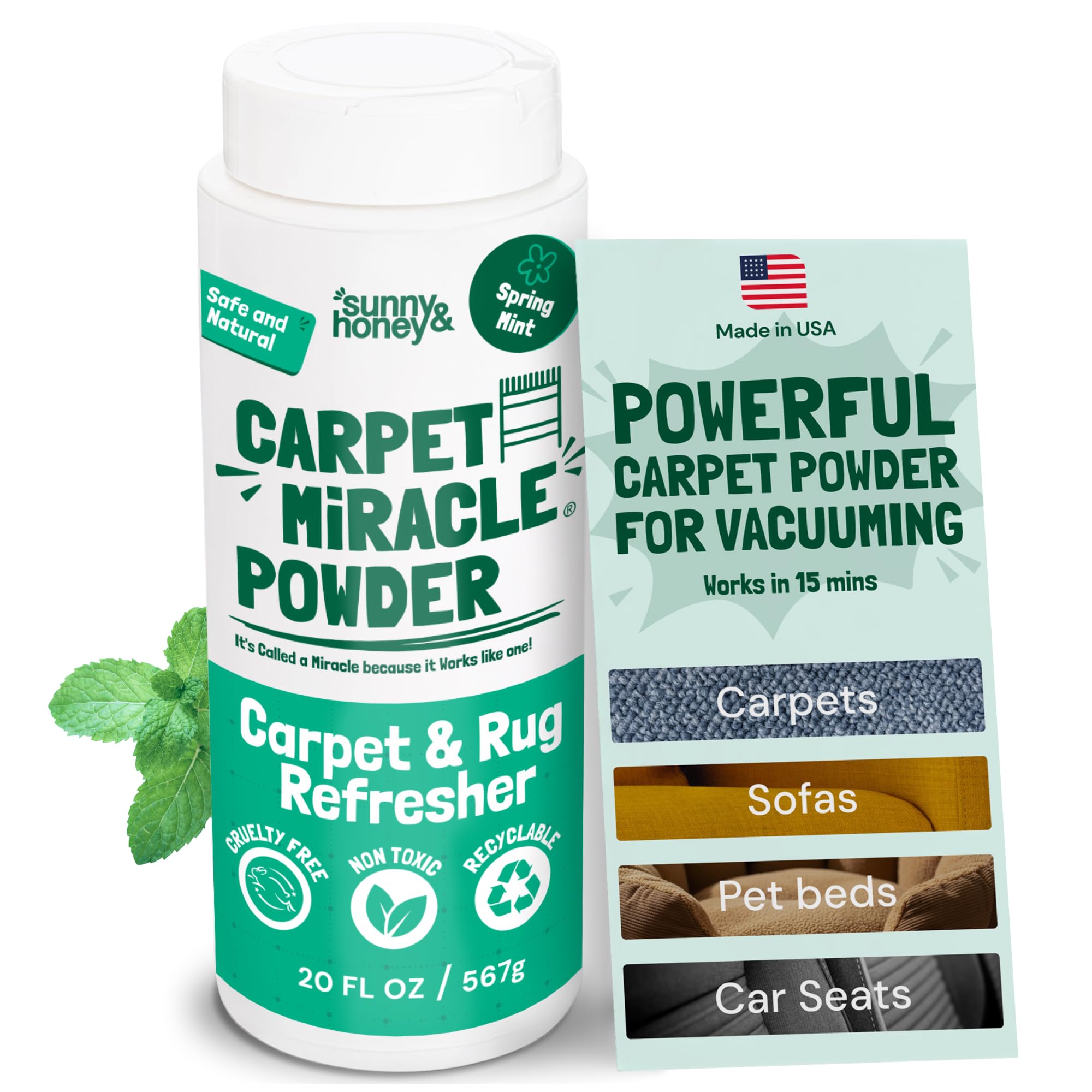 Sunny & Honey Carpet Deodorizer Powder - 20 Oz, Spring Mint - Odor Eliminator & Rug Freshener Powder for Pets & Kids