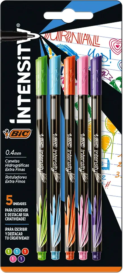 Caneta Hidrográfica BIC Intensity, 5 Cores Vivas, Ponta Ultra Fina de 0.4mm, 971108, Precisão no Traço