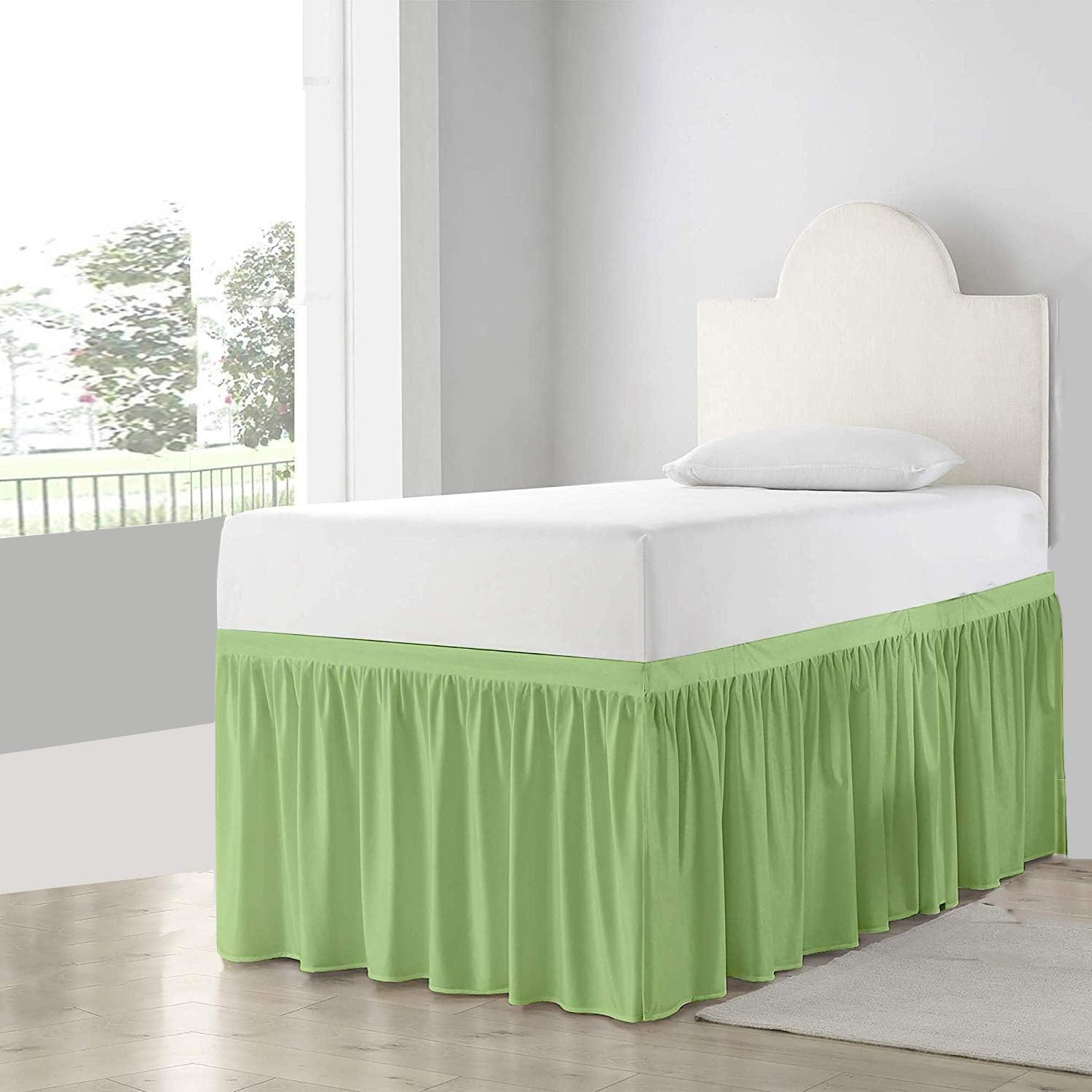 Ruffled Bed Skirt with Split Corners-Three Sided Coverage with Platform-Split Corner Bed Skirts-Dust Ruffle with Split Corners-Ruffled Gather Bed Skirt (White -King 15" Drop)