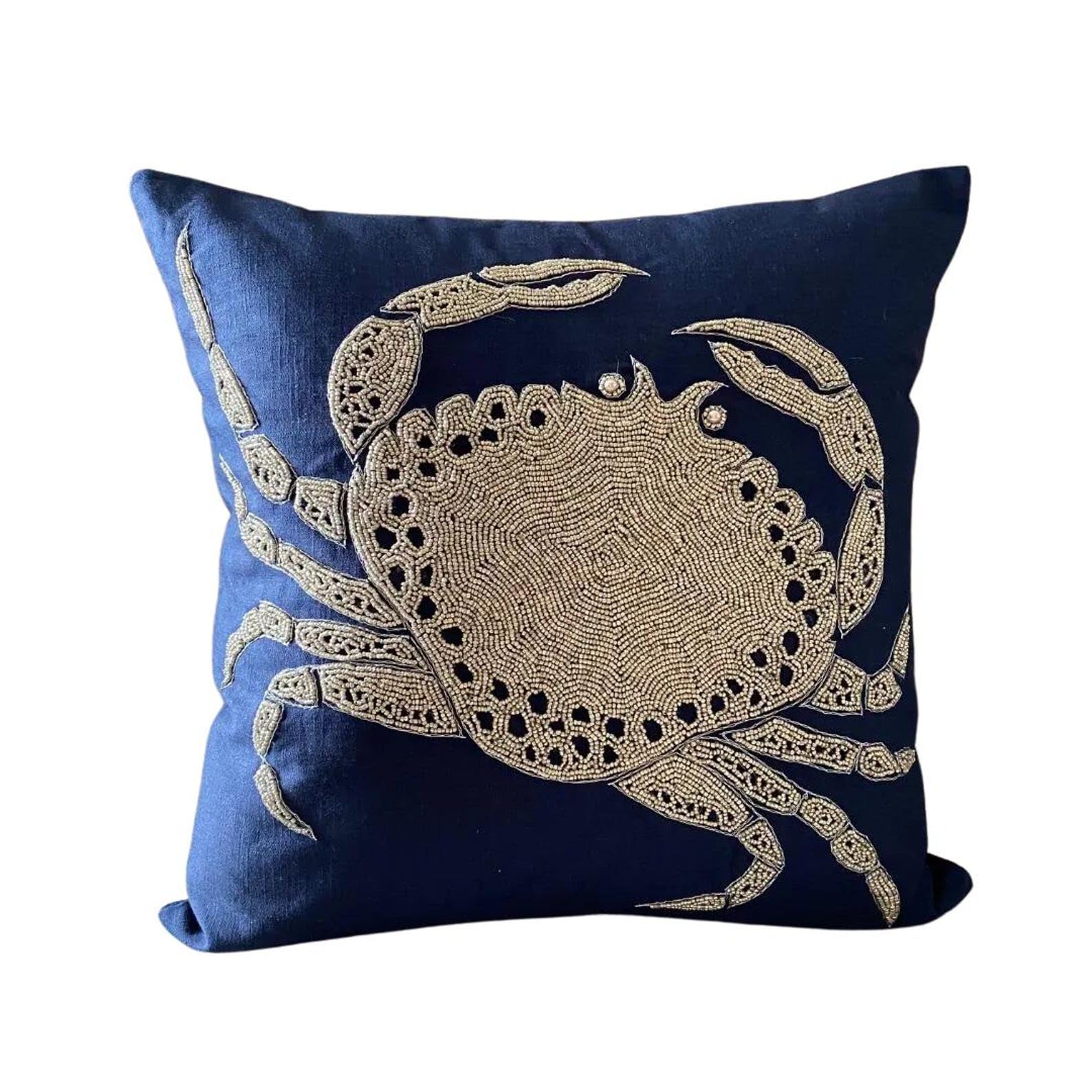 The HomeCentric Navy Blue Euro Sham Pack of 2, 65x65 cmBeaded Crab Sea Creatures Ocean & Beach Theme Cushions Cover Decorative Cotton Linen Square Throw Euro Pillow Sham - Crab At The Shore โ image 1