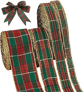 PH PandaHall 63m 4サイズ クリスマスリボン 赤 緑 チェックテープ 格子縞テープ ゴールドエッジ付き ギフトラッピング ホームデコ クリスマスツリー飾り リボン作り用 幅 1.05~3.9cm