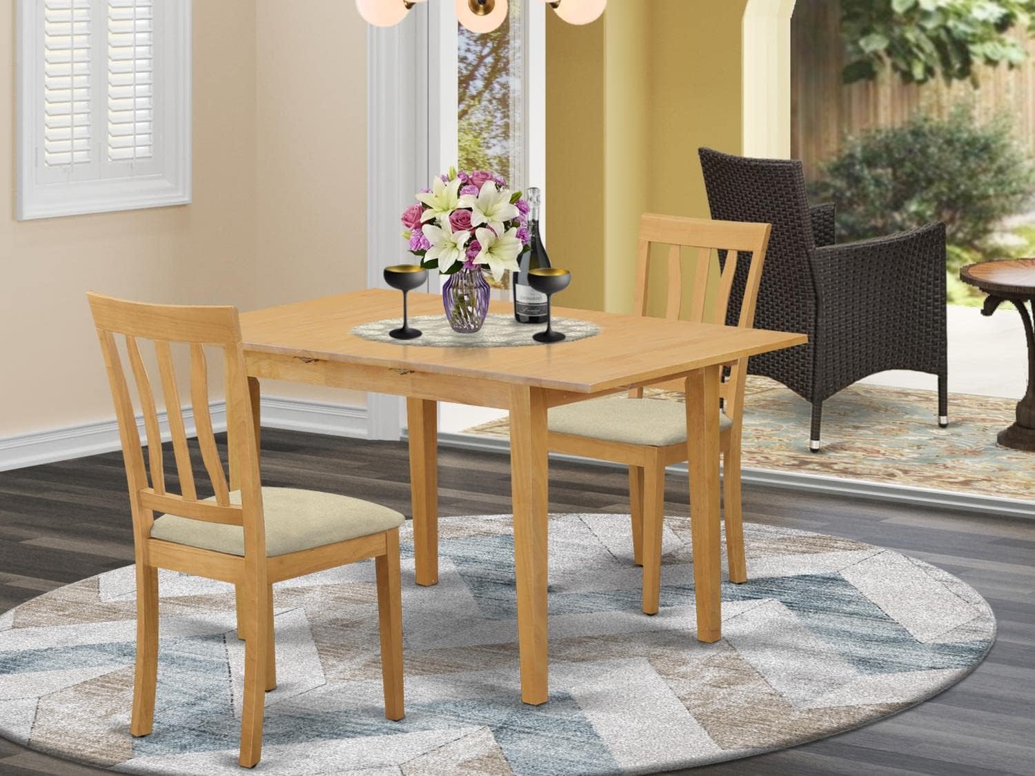 East West Furniture NOAN3-OAK-C 3 Piece Kitchen Table Set Contains a Rectangle Dining Table with Butterfly Leaf and 2 Linen Fabric Dining Room Chairs, 32x54 Inch, Oak