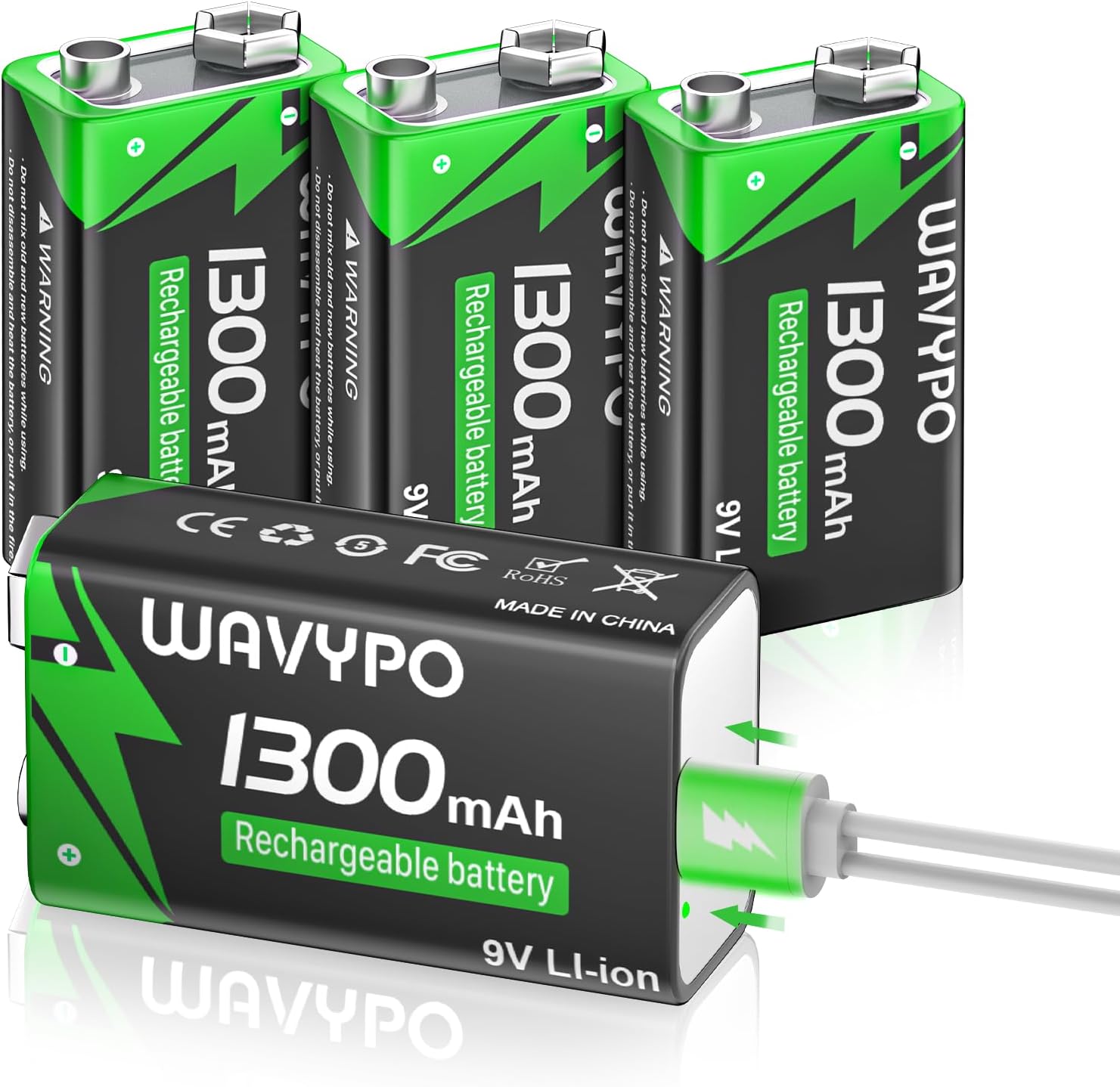 1300mAh Rechargeable 9V Batteries,9 Volt Lithium-ion Batteries Long Lasting with 2-in-1 USB-C Fast Charging Cable, for Smoke Detector Alarms, Microphone, Toys, Walkie-Talkies๏ผ4-Pack