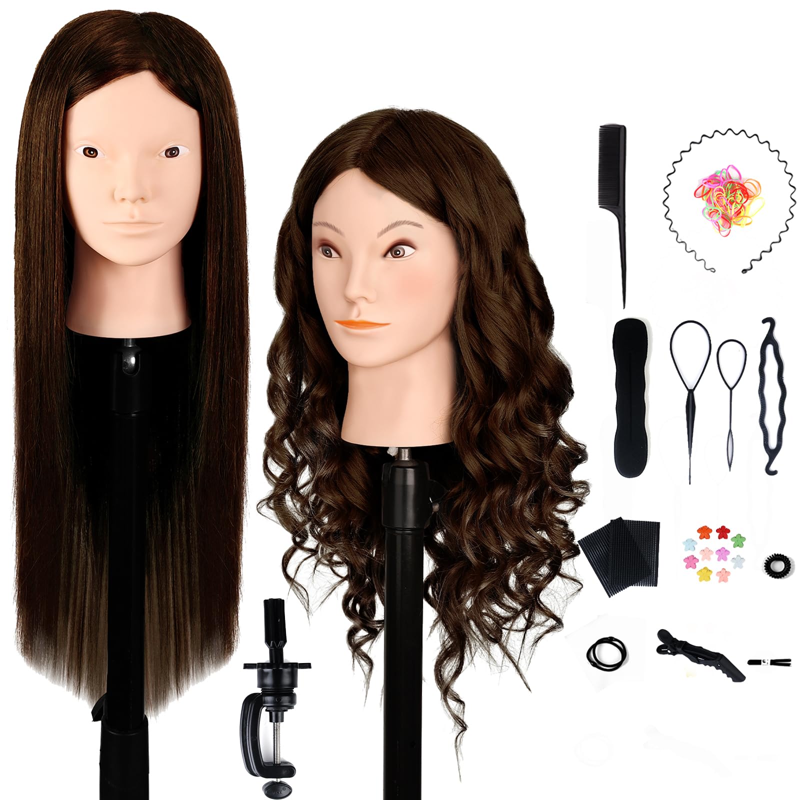 Cabeza de Peluqueria, Yofuly 26inch Cabeza Maniquí, 80% Cabello Humano, Cabeza Práctica Modelo Maniqui de Cosmetología con Abrazadera de Mesa y Juego de Trenzas de Cabello DIY Maniquí (castaño claro) — view 15