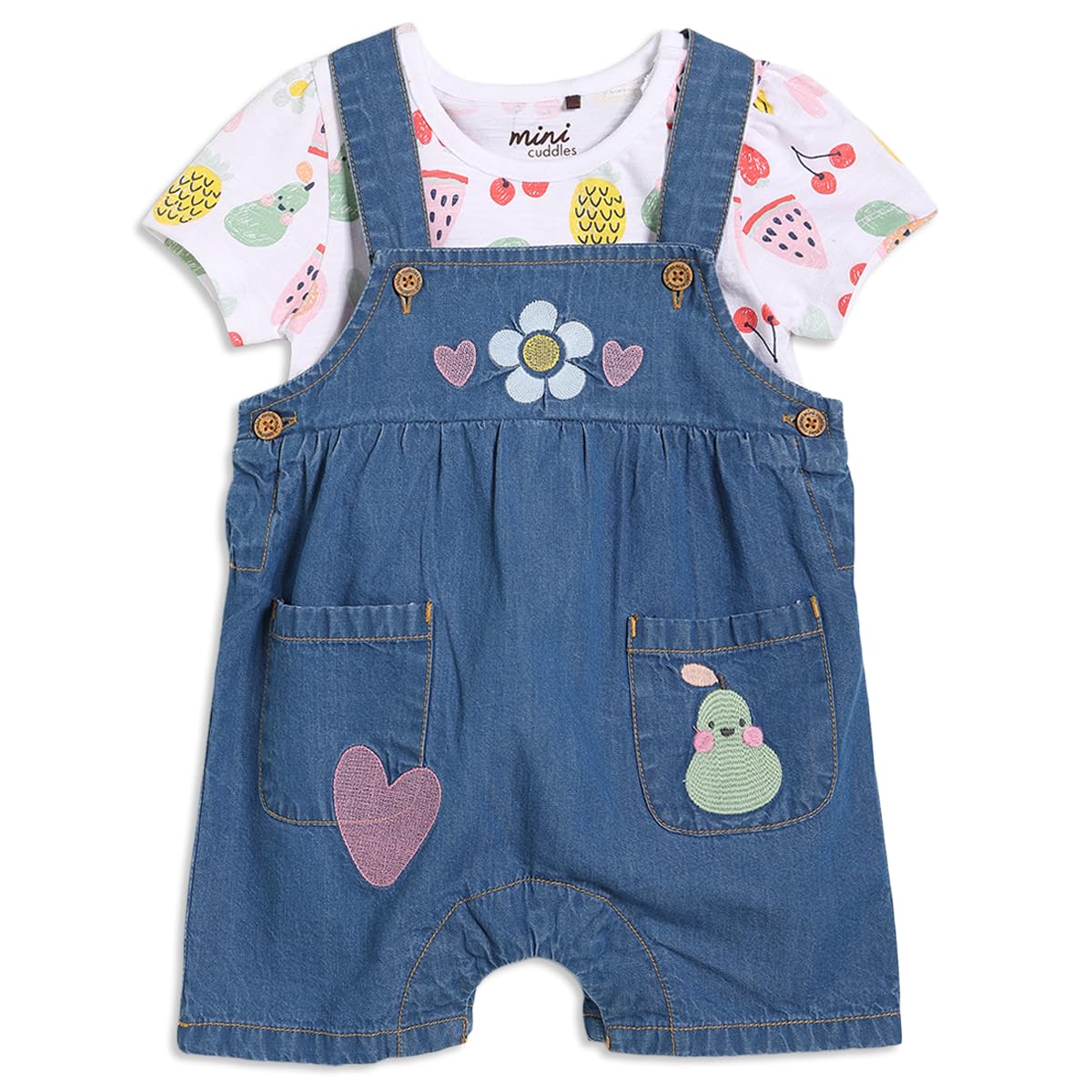 Mini Cuddles Women's Blue Baby Girls Fruit Print Dungaree 2Pc Set, Multicolour (12-18M)