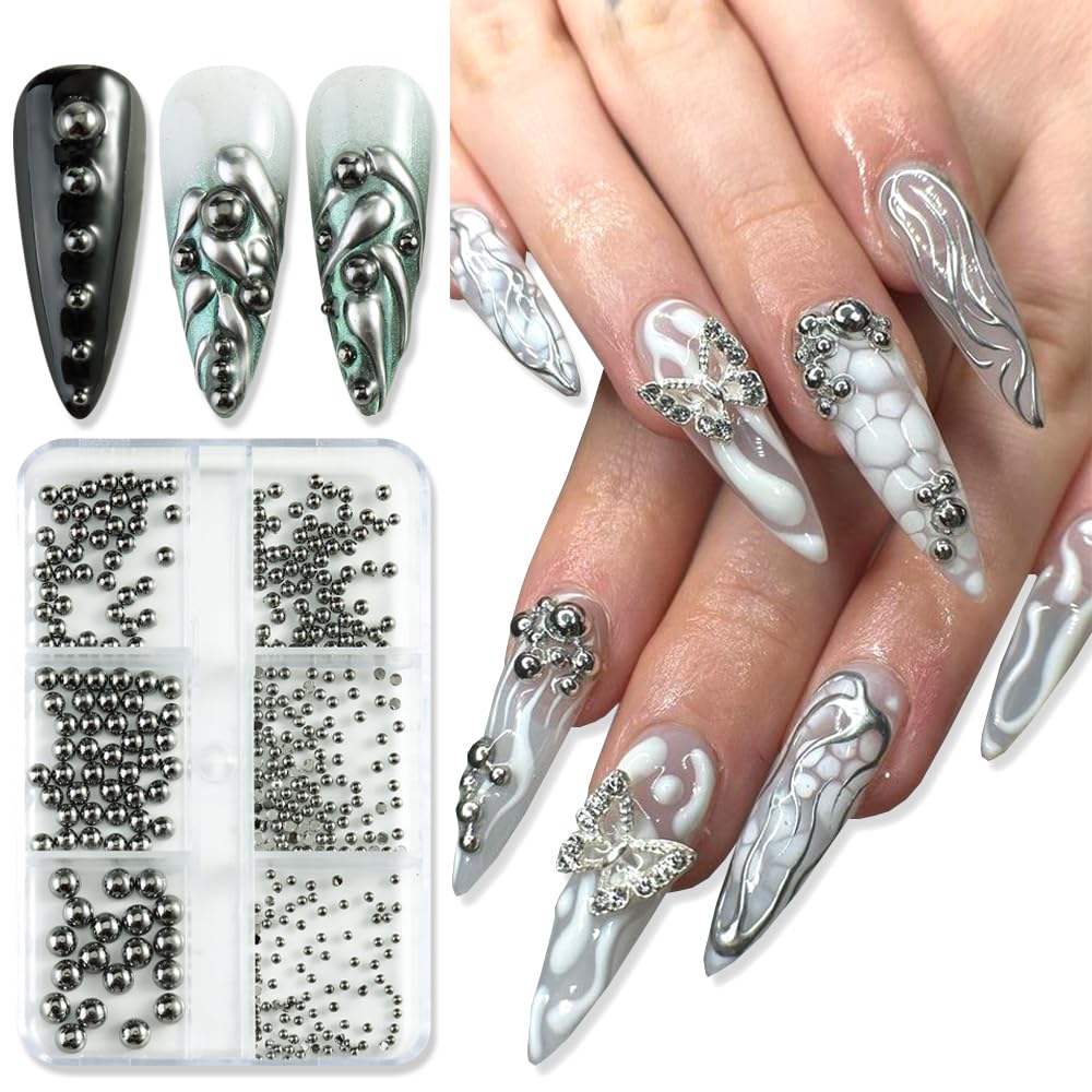 Mixed Sizes Half Round Steel Beads 3D Nail Charms, Black Flatback Metal Caviar Beads Ball Nail Studs Jewelry for Women Girls DIY Crafts Nail Art