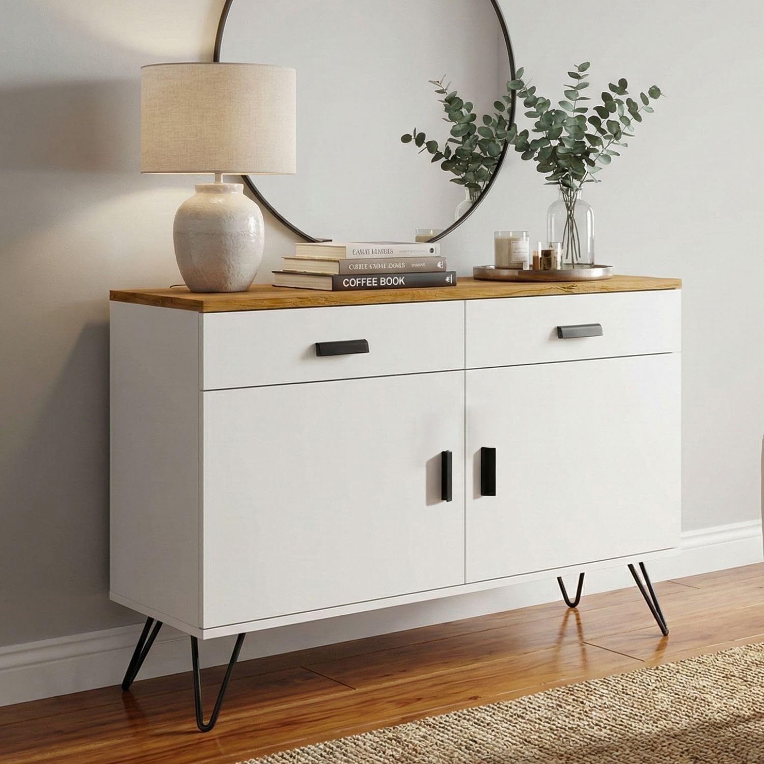 FFO cabinets for Living Room | Wooden Living Room Storage Cabinet with Drawers, Side Cabinet for Bedroom, Modern Wood Finish, 2 Door Cupboard with Metal Legs White and Coach Wood (DIY).-image-36