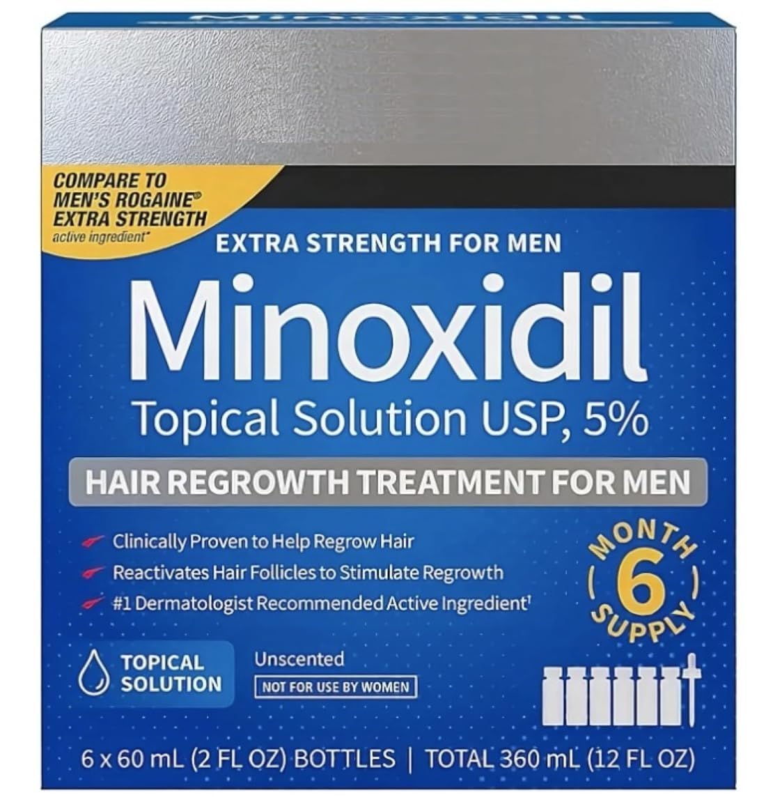 5% Minoxidil Hair Regrowth Treatment for Men | 6 Months Supply | Topical Solution | Extra Strength | Clinically Proven | Unscented Drops | Dropper & Sprayer Included