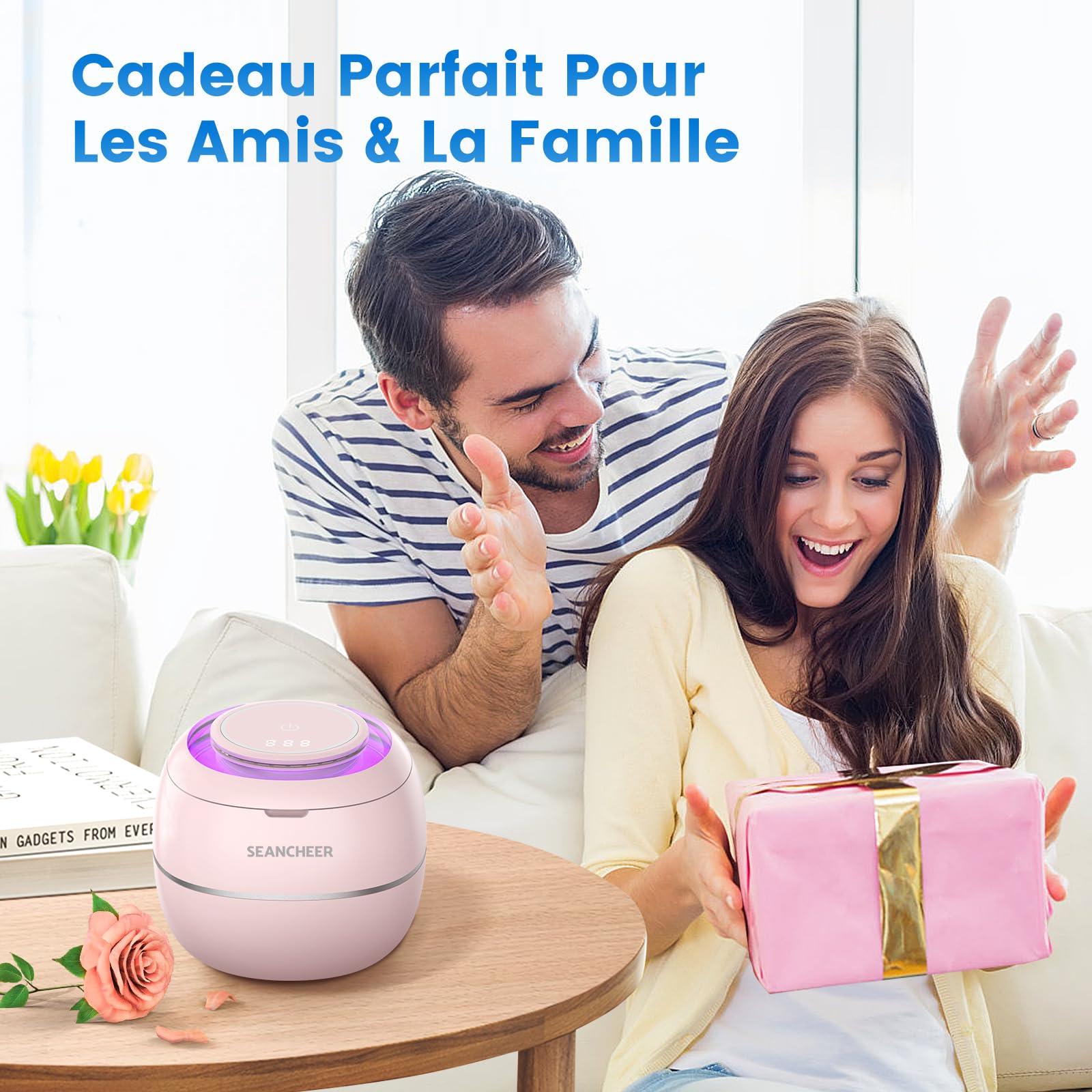SEANCHEER Nettoyeur Ultrasons 48000Hz Bac Ultrason | 24W | 180ML | Mini Ultrasonic Cleaner Portable avec Lampe UV pour | Prothèses Dentaires | Gouttière Dentaire | Retainer | Bijoux | (Rose)