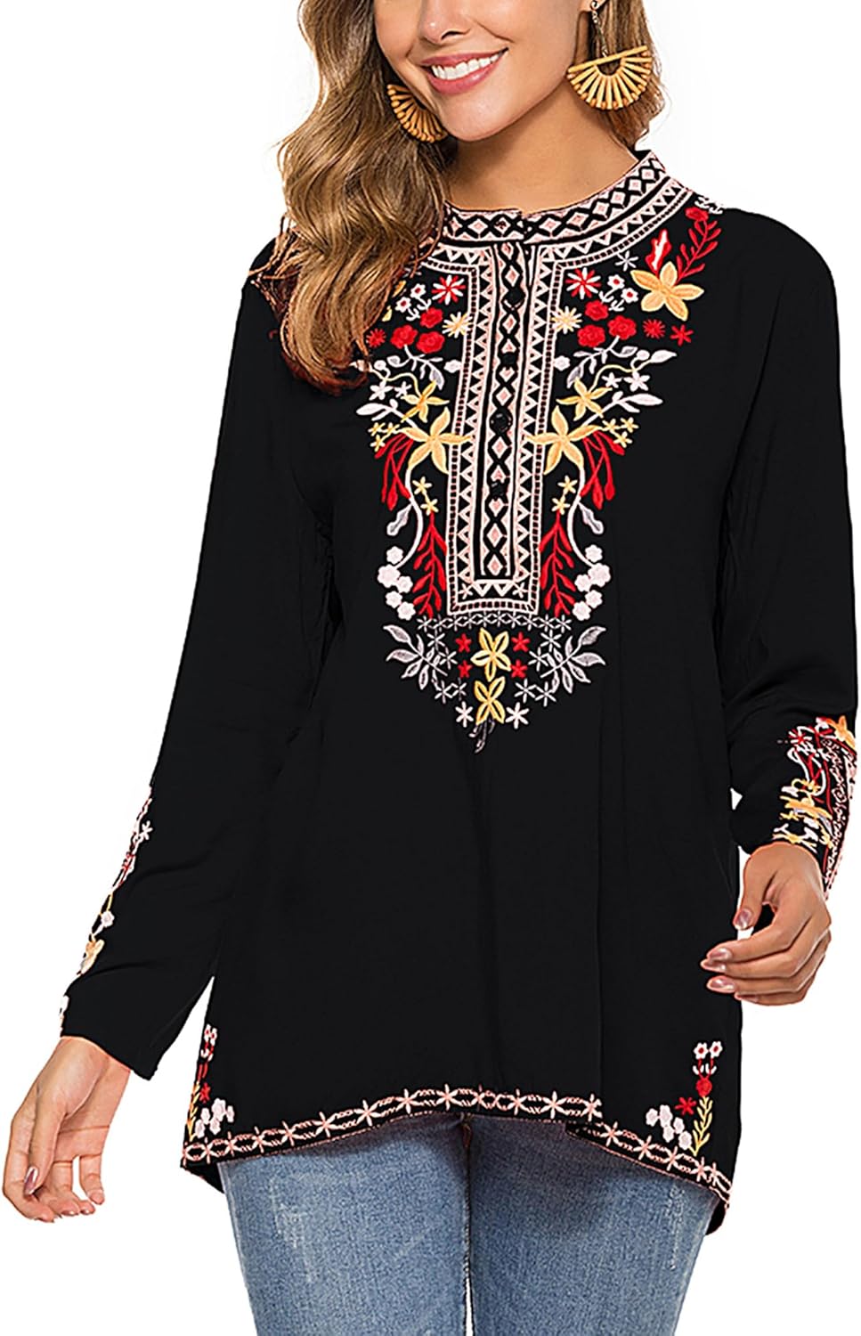 Women's V-Neck Bohemian Floral Embroidered Shirt Mexican Peasant Tops Long Sleeve Casual Loose Tunic Blouse - Image 6