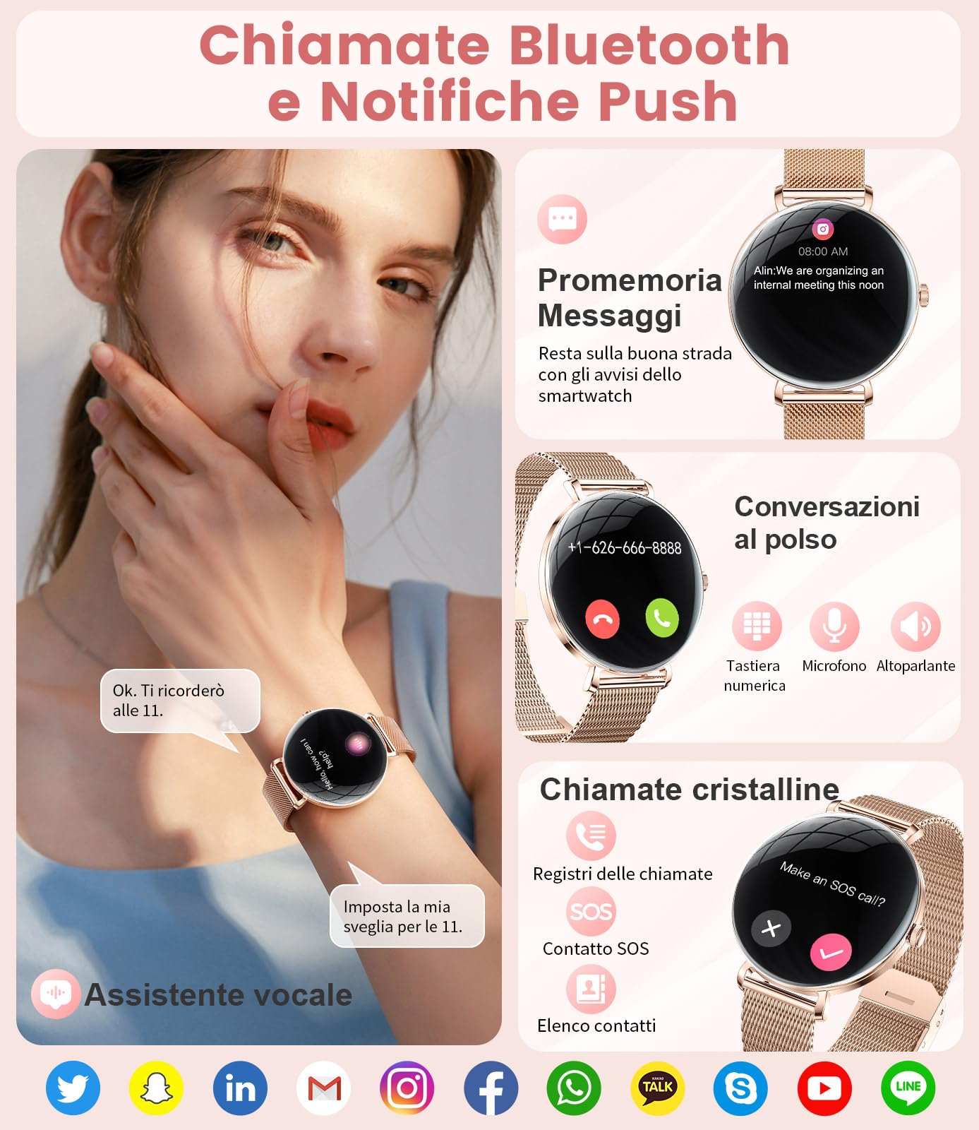 Smartwatch Donna con Chiamate,1,43" AMOLED Orologio Fitness Ultra Sottile con 2 Cinturini, 100+ Modalità Sportive, 24H Cardiofrequenzimetro, Monitoraggio Sonno, Ciclo Mestruale, IP68, per Android iOS